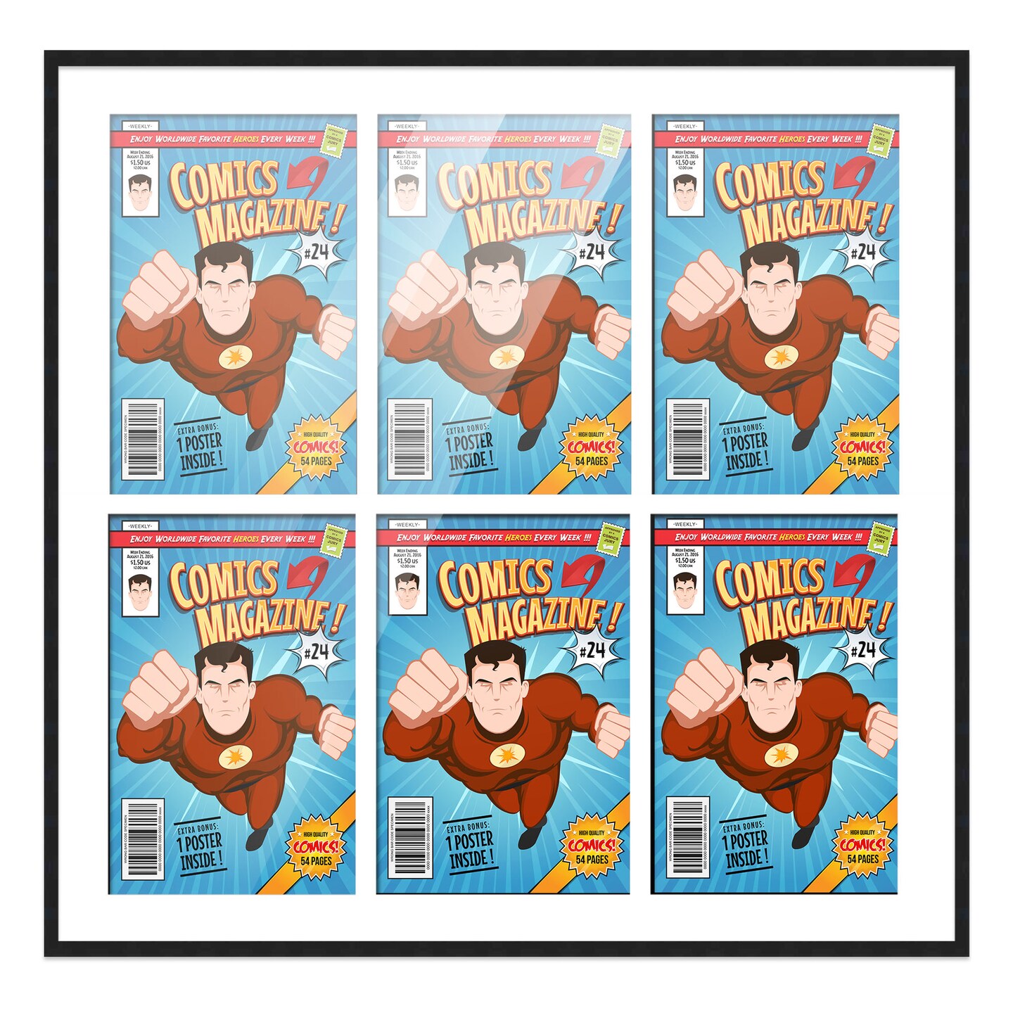 Comic Book Display Frame for Current Era Comic Published After 1985 - Black Wood Comic Frame With White Mat for 6.875x10.5 Comic, 18 Frame Sizes