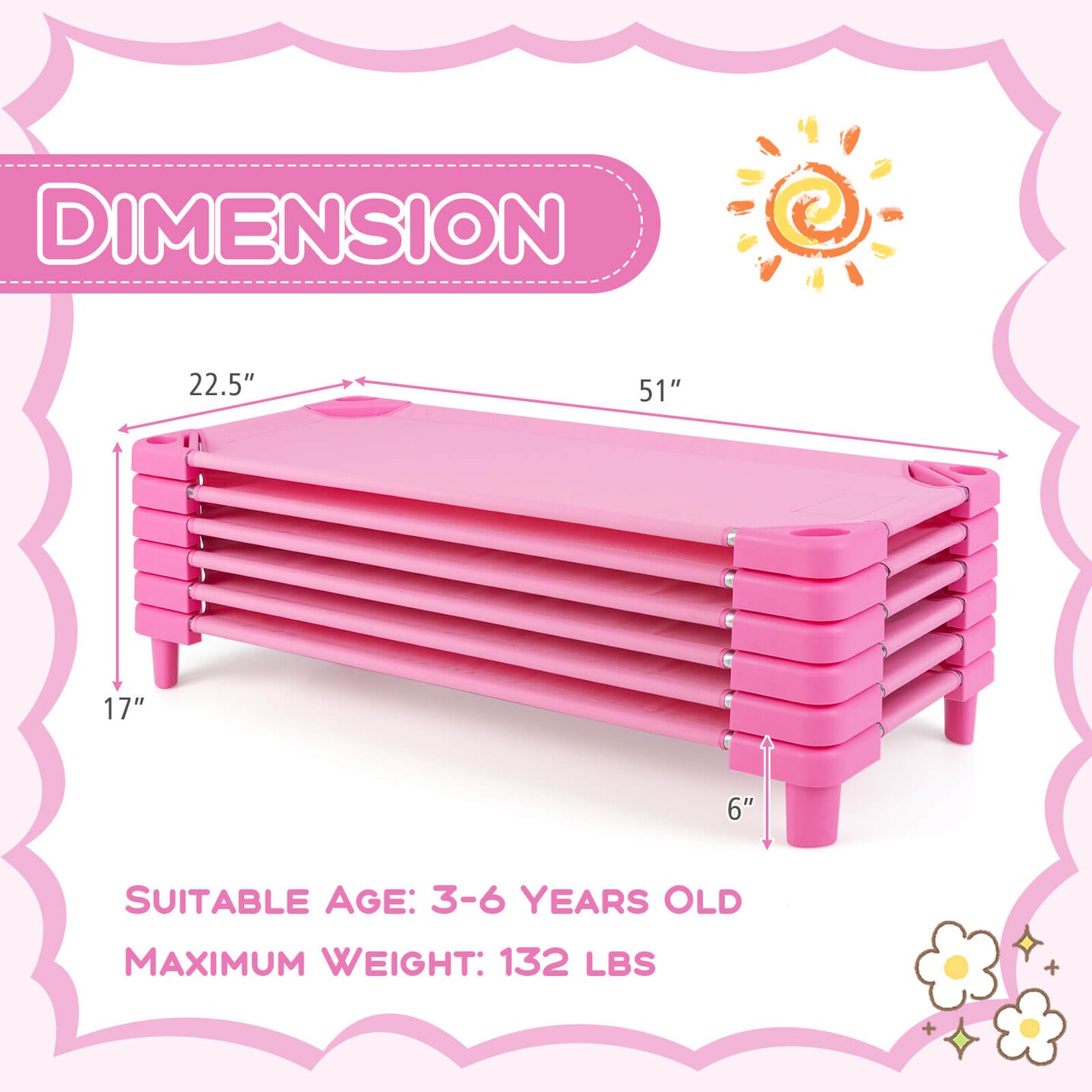 Costway Pack of 6 Kids Stackable Naptime Cot 52&#x22; L x 23&#x22; W Daycare Rest Mat Coffee/Pink/Blue