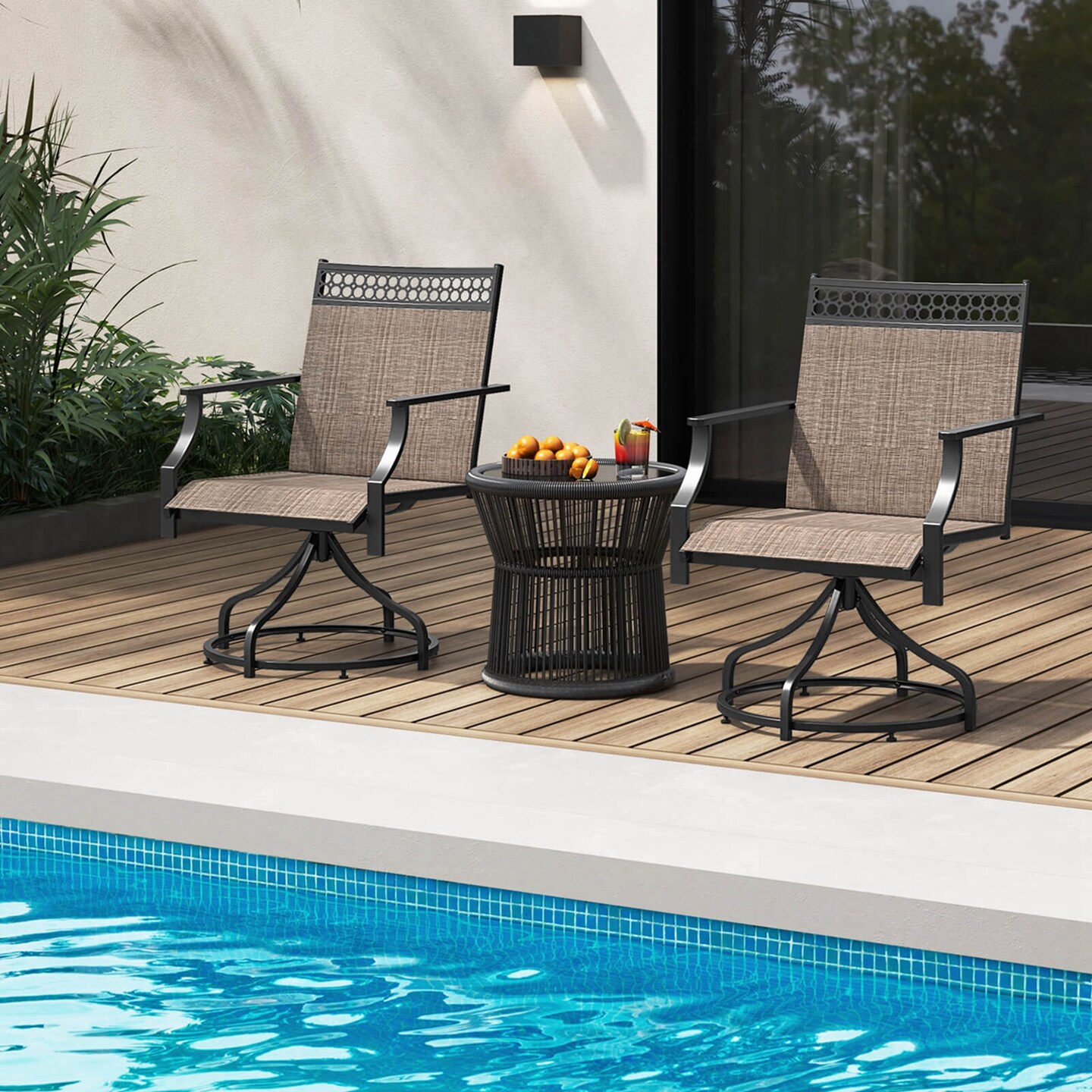 Costway Patio Swivel Dining Chairs Set of 2 with Quick-Drying Fabric and Metal Frame Brown/Gray