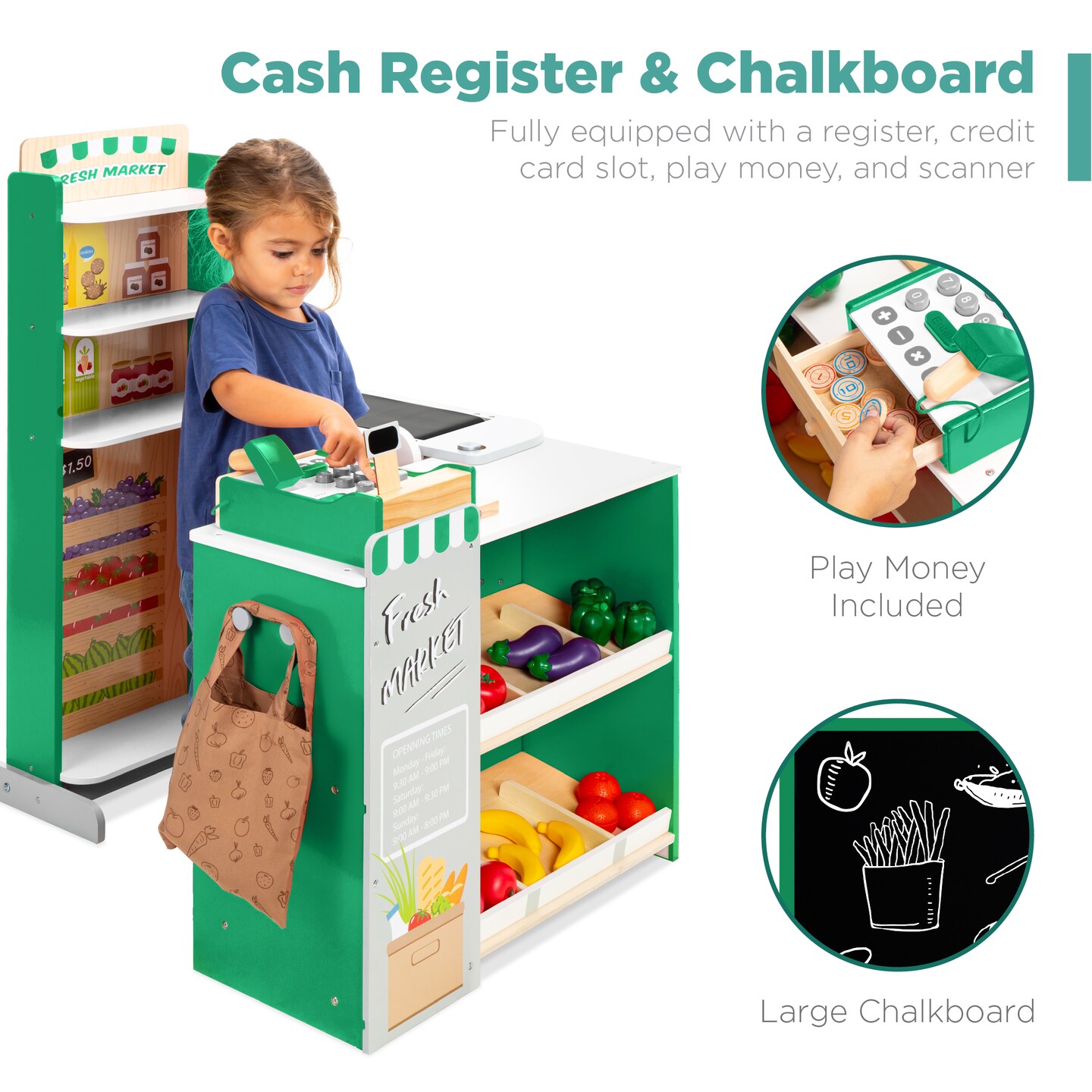 Best Choice Products Kids Pretend Play Grocery Store Wooden Supermarket Set w/ Chalkboard, Cash Register