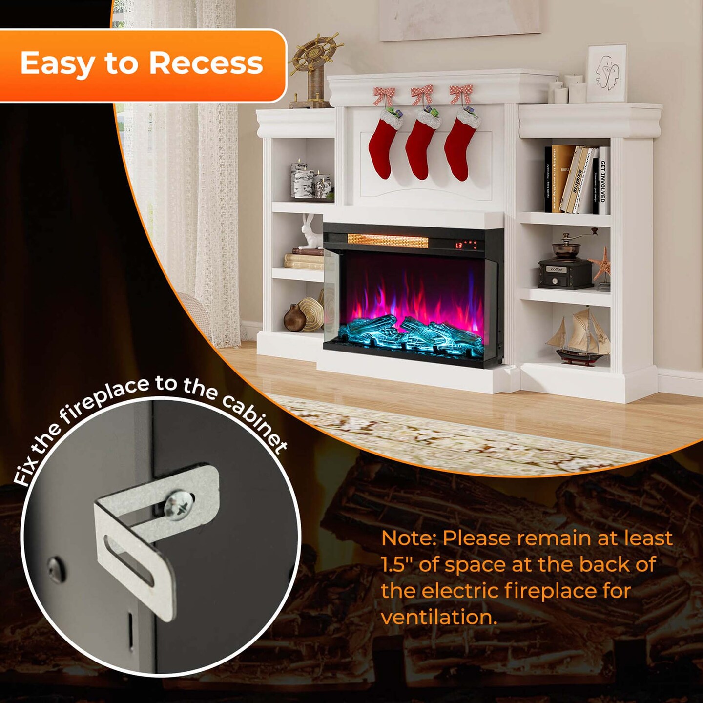 Costway 23&#x22; 3-Sided Electric Fireplace Insert Heater 1500W with Thermostat &#x26; Remote Control