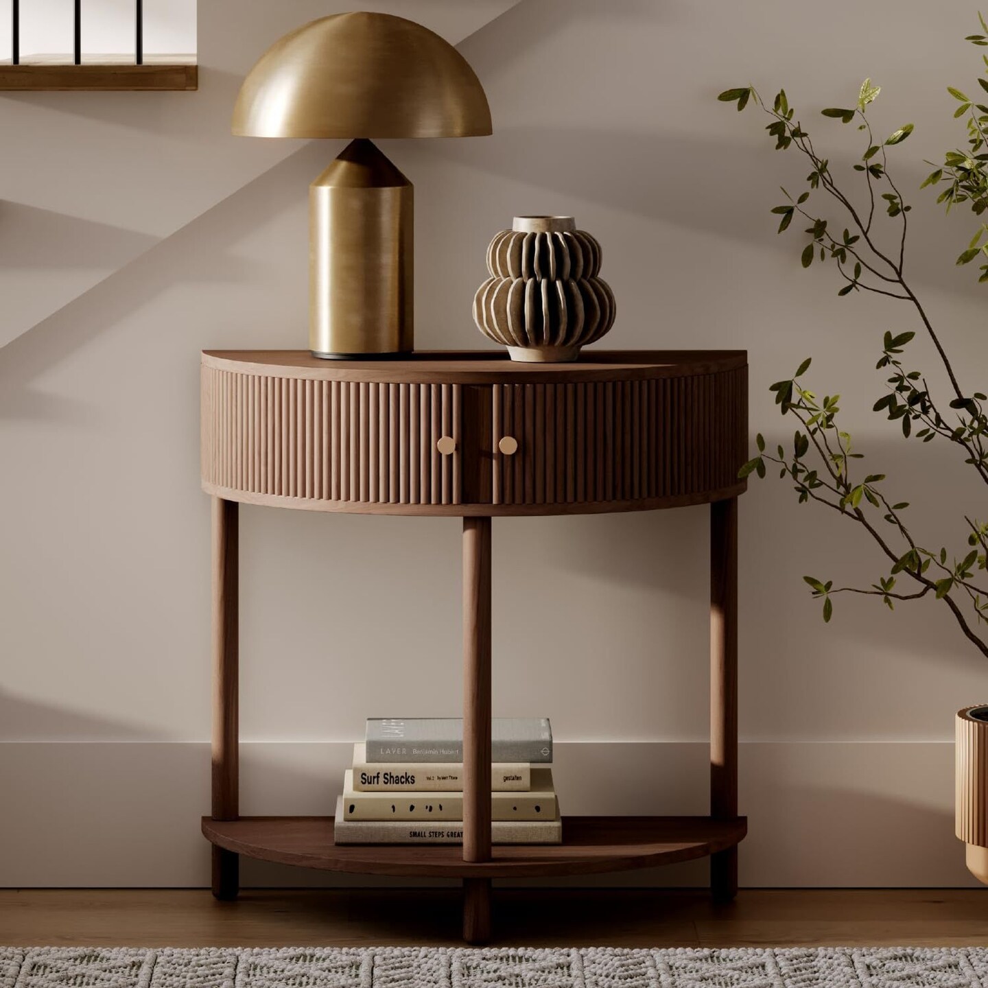 Fluted Half Moon Console Table Small Entry Table Living Room Furniture Modern Home Decor Solid Wood Entryway Table with Two Doors and Brass Knobs Walnut Michaels