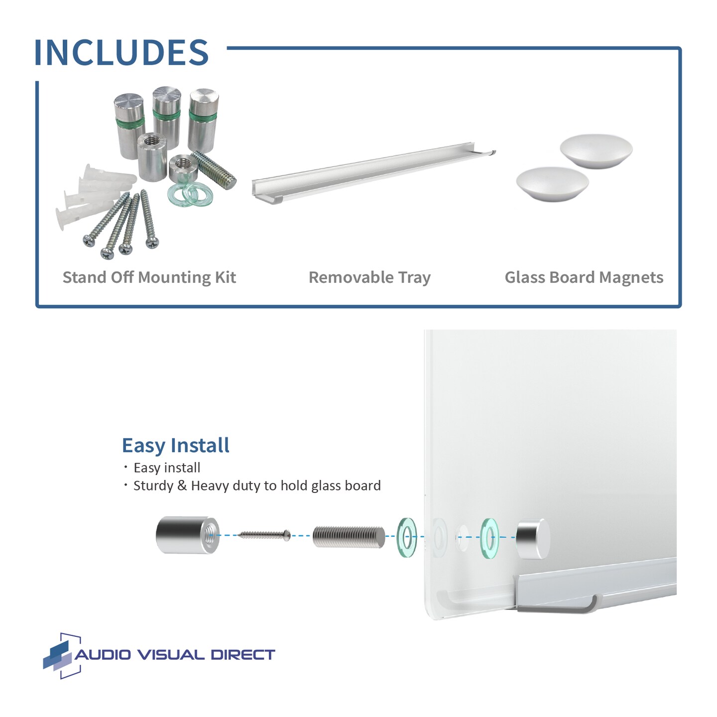 Audio-Visual Direct Magnetic White Glass Dry-Erase Board Set Includes Magnets, Hardware & Marker Tray