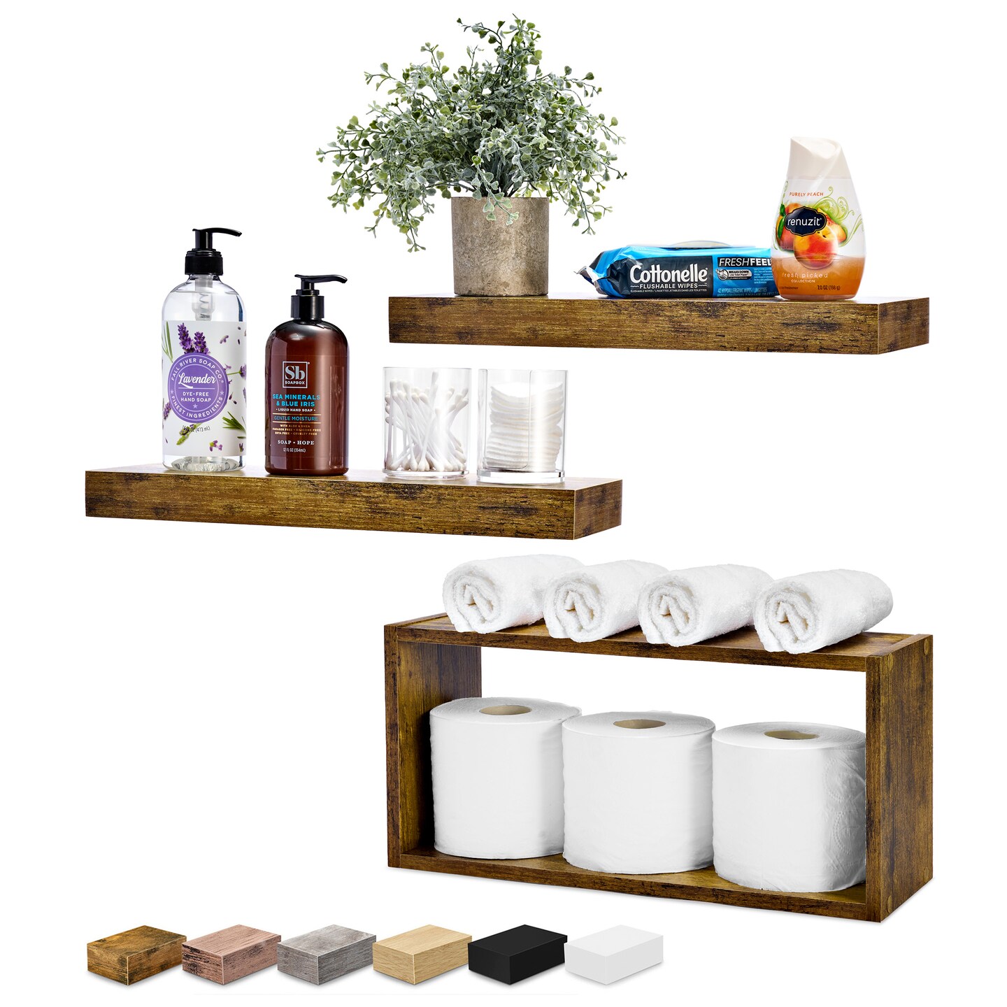 Sorbus Floating Shelves for Wall Set of 3 - Bathroom Shelves for Wall Storage, Over Toilet, Bedroom, Farmhouse, Wall Decor - 2 Floating Shelves with Invisible Brackets &#x26; 1 Rectangular Box