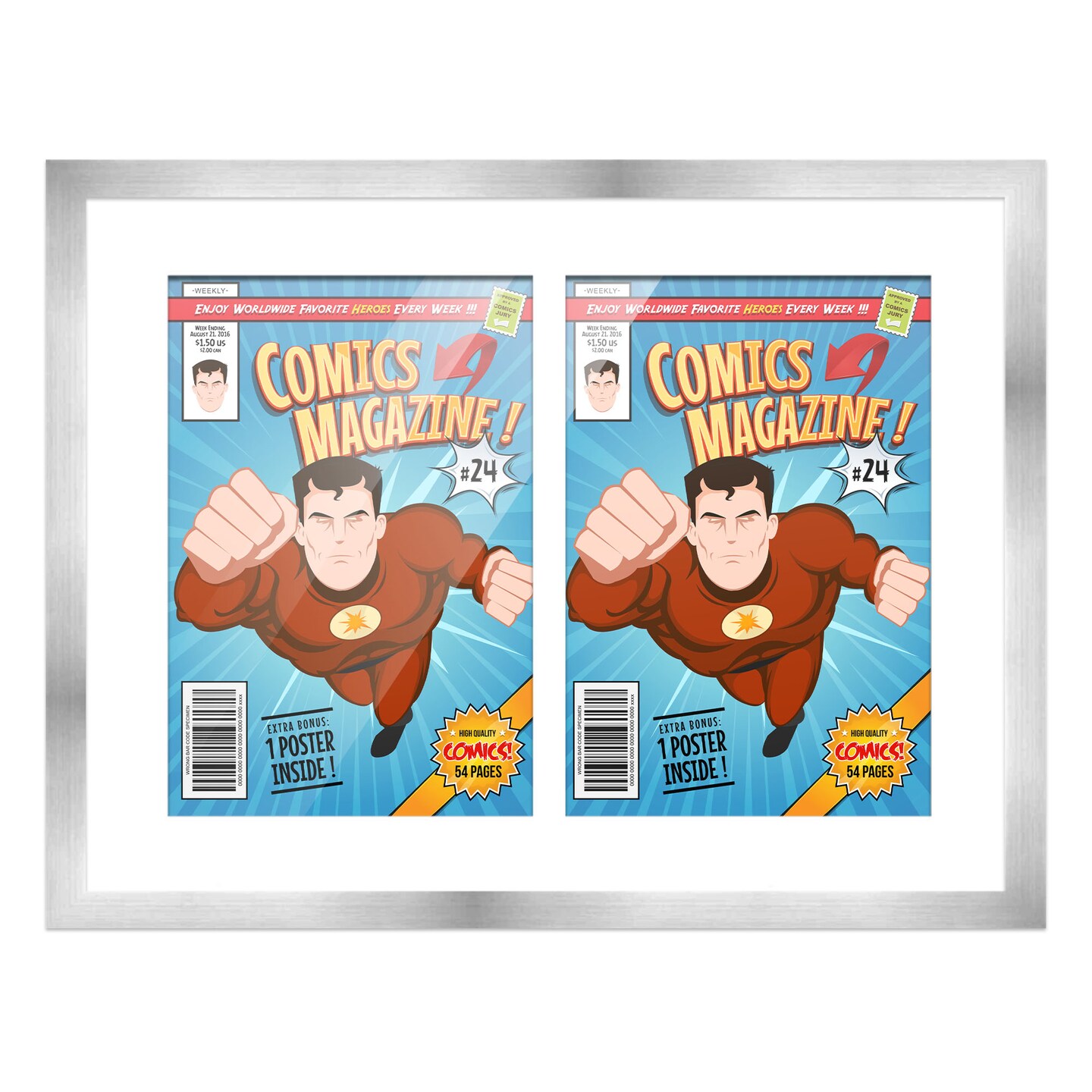 Comic Book Display Frame for Golden Age Comics Published Between 1938 and 1956 - Silver Wood Comic Frame With White Mat for 7.75x10.5 Comic, 18 Frame Sizes