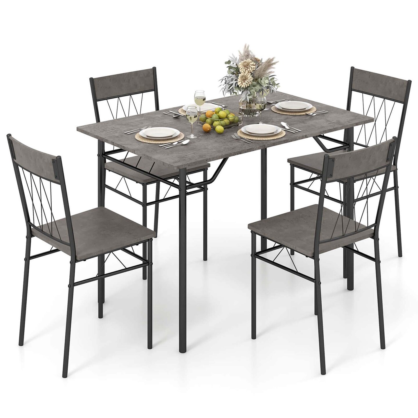 Costway 5PCS Dining Table Set for 4 Rectangular Kitchen Table & 4 Chairs with Metal Frame Cement Gray/Black