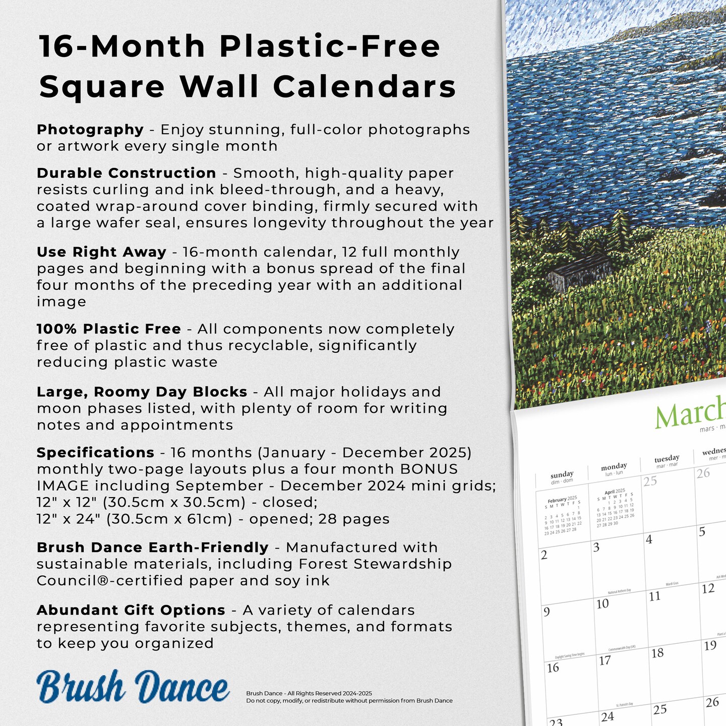 Points of Light | 2025 12 x 24 Inch Monthly Square Wall Calendar | Featuring the Artwork of Arthur Poulin | Plastic-Free | Brush Dance | Paintings Impressionism
