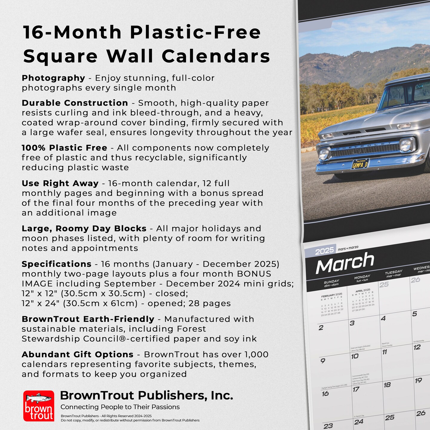 Classic Chevy Pickups OFFICIAL | 2025 12 x 24 Inch Monthly Square Wall Calendar | Foil Stamped Cover | Plastic-Free | BrownTrout | Chevrolet Motor Truck