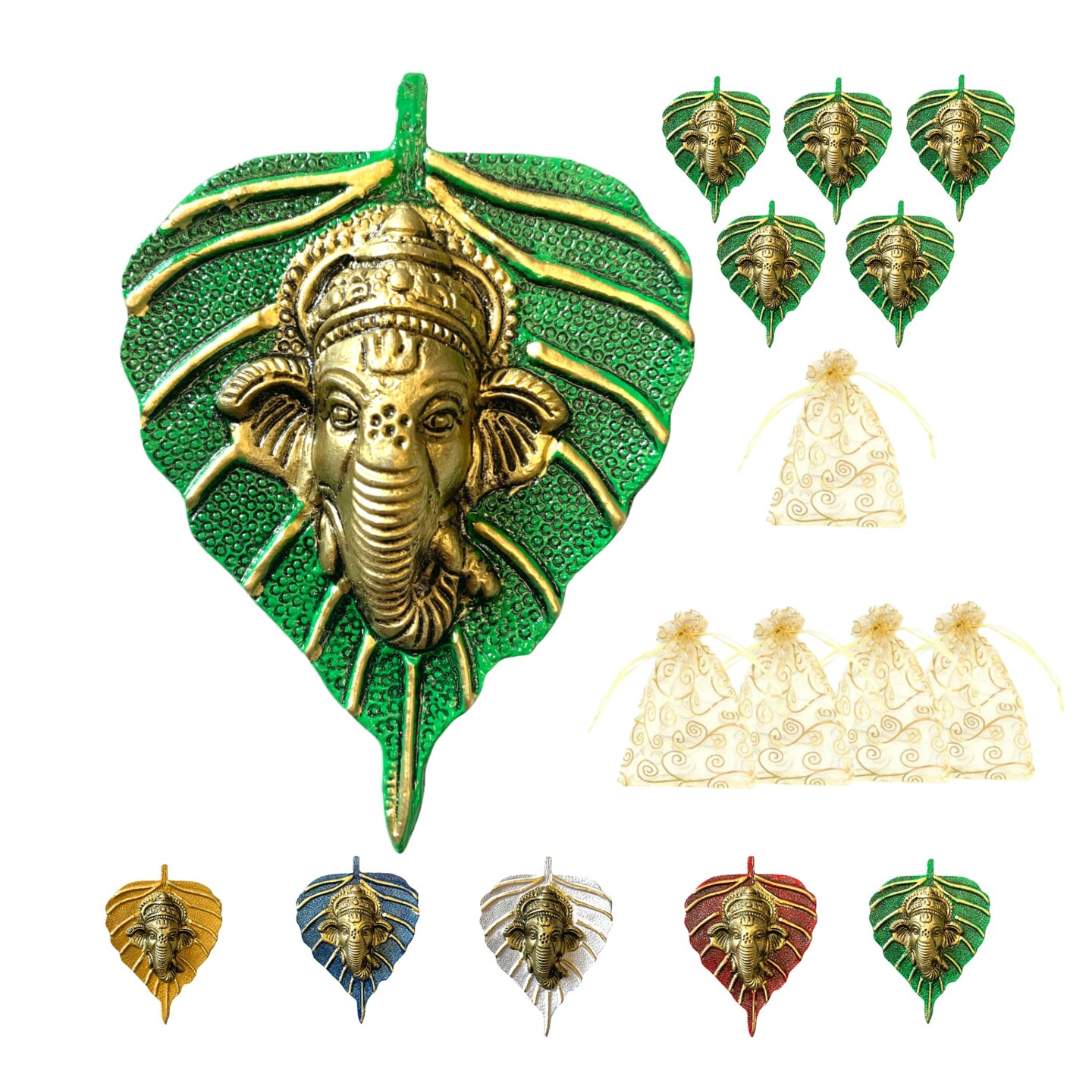 Metal Leaf Ganesha Diwali Decor Wall Hanging for Home &#x26; Office Housewarming Return Gift Pooja Favor Ganesha Decorative Wall Hanging Showpiece Pack of 1/2/5/25 Pcs