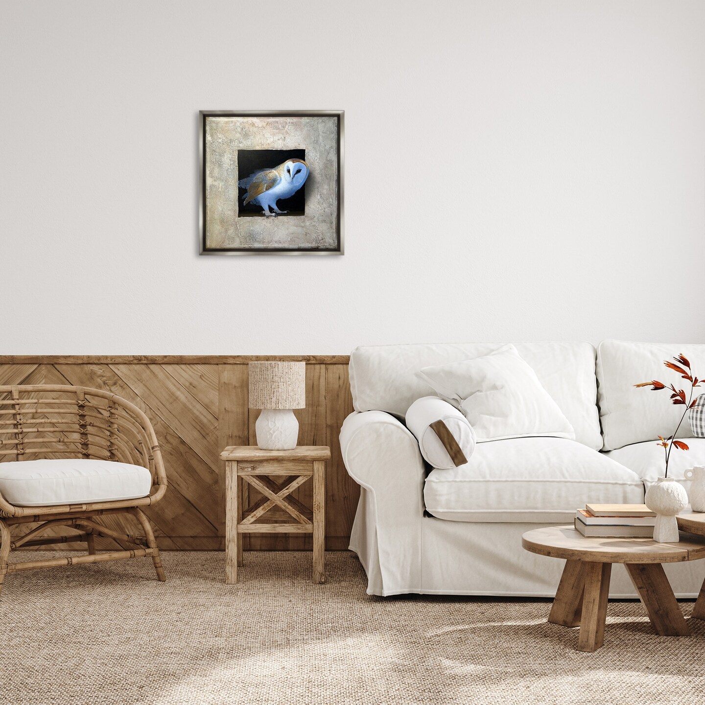 Stupell Industries Mysterious Barn Owl Peering Framed Floater Canvas Wall Art