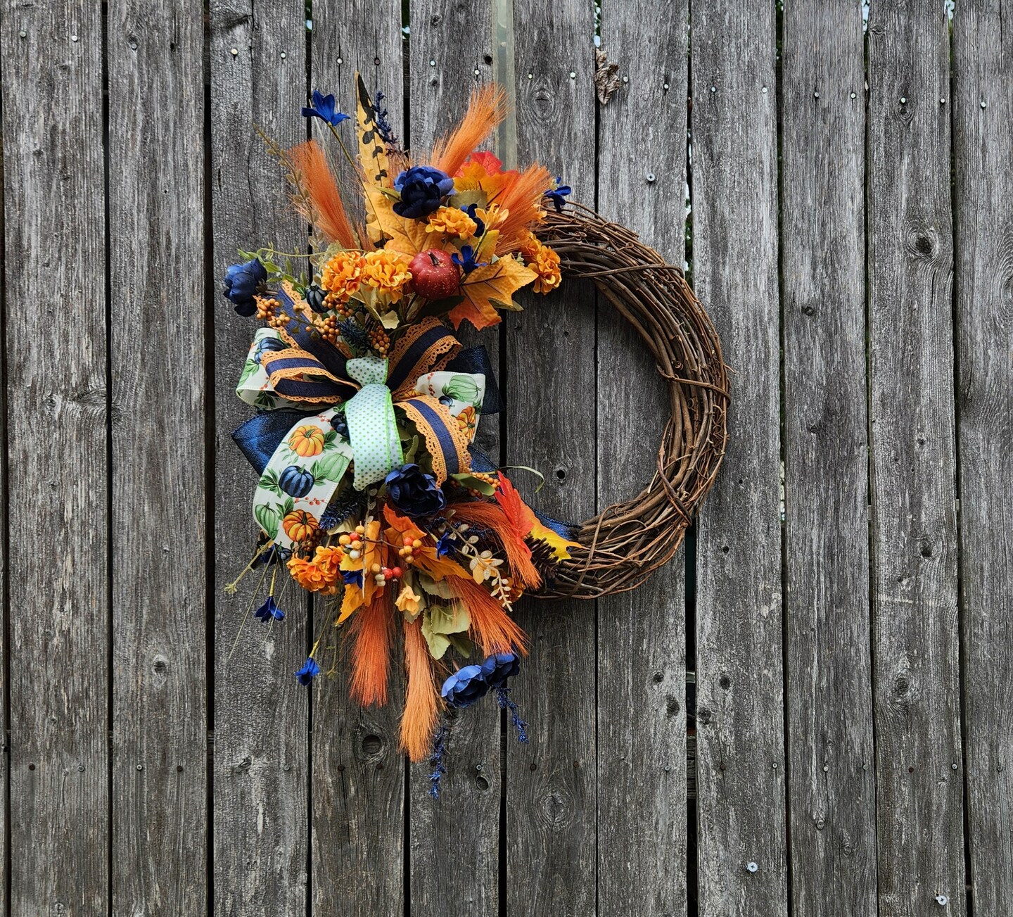 Blue and Orange Fall Grapevine Wreath with Pumpkins, Autumn