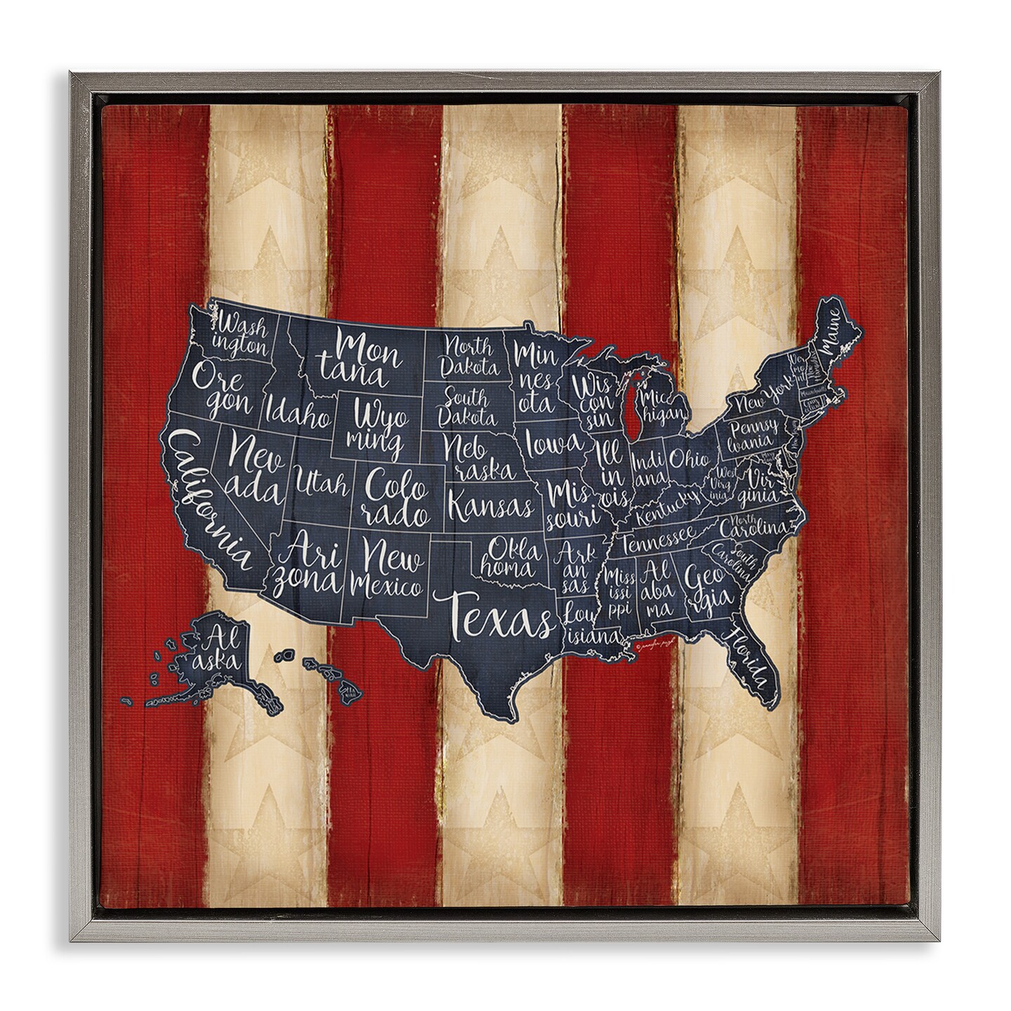 Stupell Industries United States Map on Stripes Framed Floater Canvas Wall Art