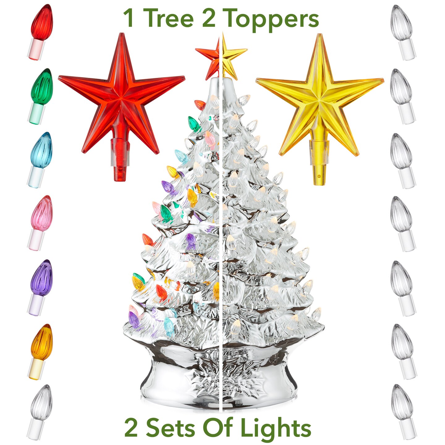 Casafield Hand Painted Ceramic Christmas Tree, 24-Inch Pre-Lit Tree with 148 Multi Color Lights and 2 Star Toppers