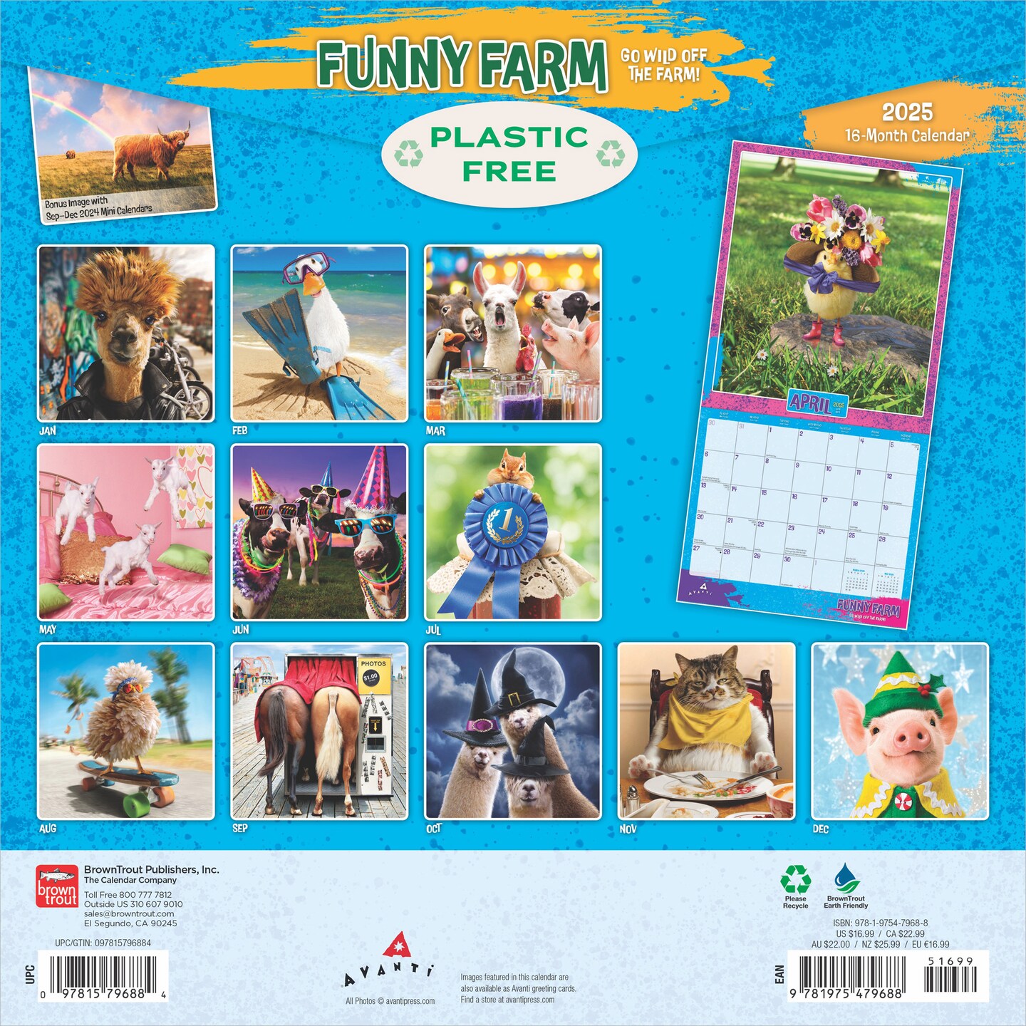 Avanti Funny Farm OFFICIAL | 2025 12 x 24 Inch Monthly Square Wall Calendar | Foil Stamped Cover | Plastic-Free | BrownTrout | Animal Humor Livestock