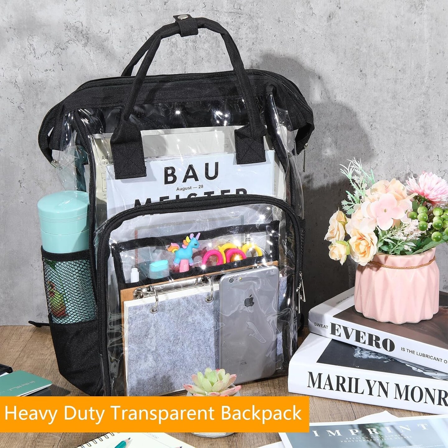 12 Pcs Heavy Duty Clear Backpack 15&#x22; Clear Stadium Backpack Stadium Approved Large Transparent Backpacks for School Donation, Stadium Events Supplies(Black)