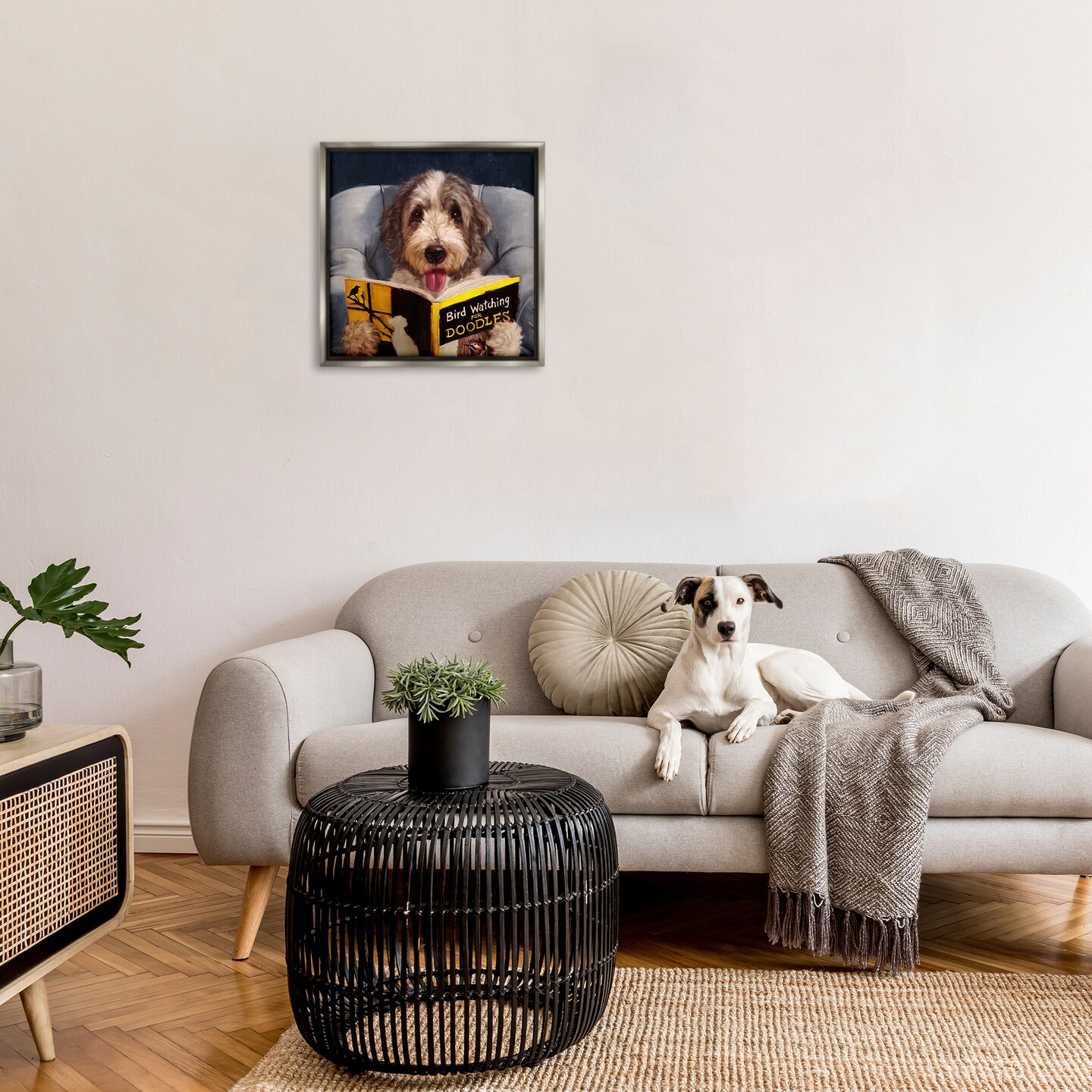 Stupell Industries Dog with Bird Watching Book Framed Floater Canvas Wall Art