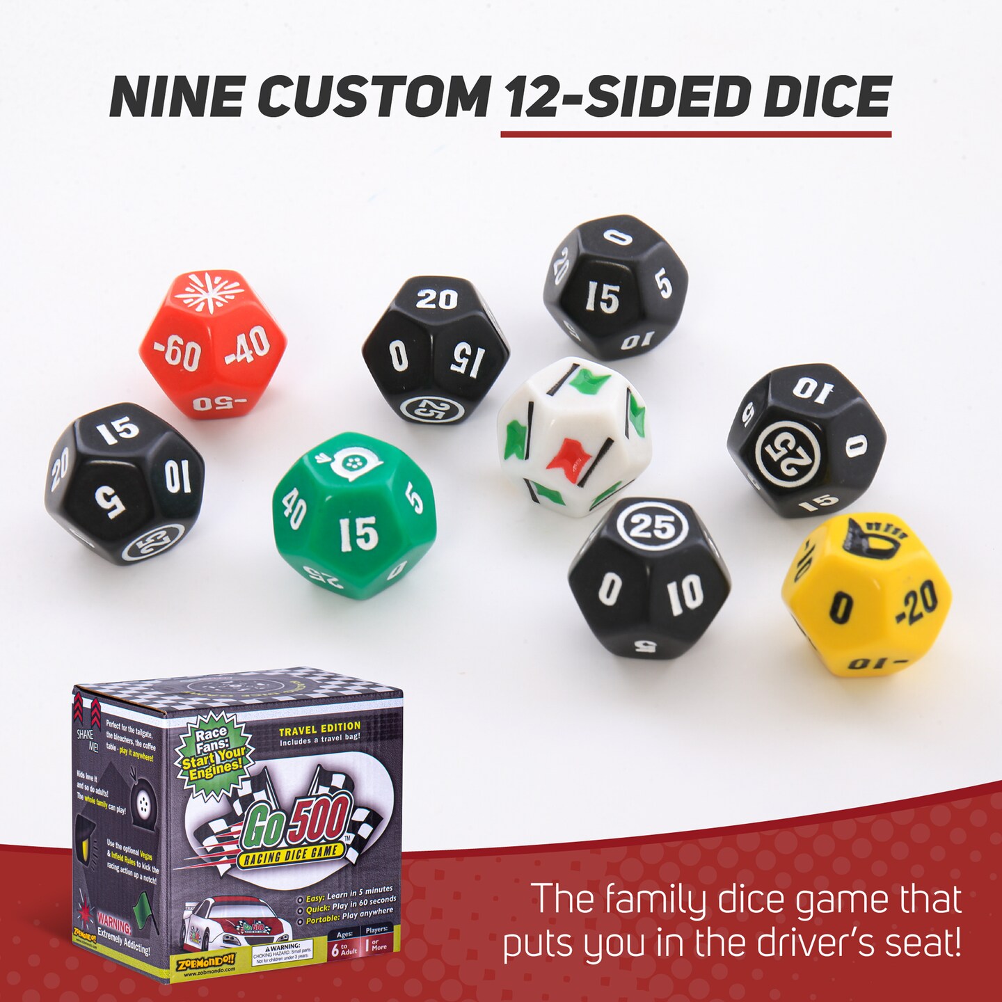 Zobmondo!! Go500 Car Racing Dice Game, Racing Games for Adults and Family, Table Game for Sports Fans Ages 6+