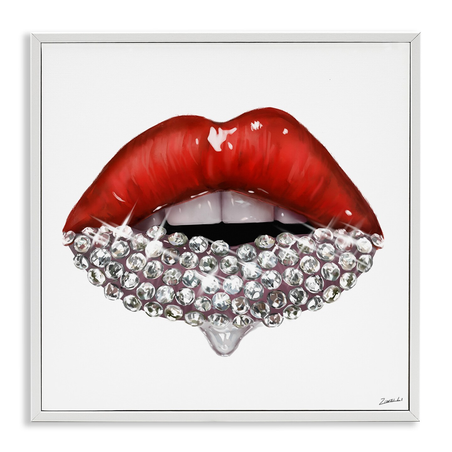 Stupell Industries Red Glam Lips with Gemstones Framed Giclee Art