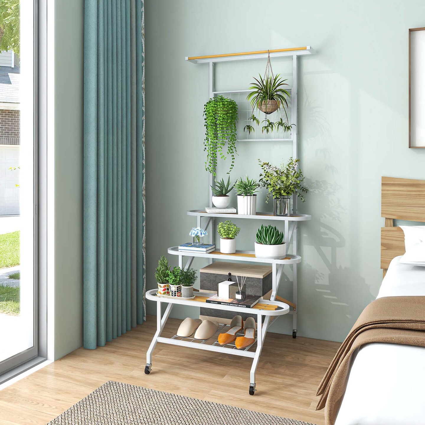 Costway 4-Tier Hanging Plant Stand Ladder Plant Shelf with Hanging Bar & Trellis