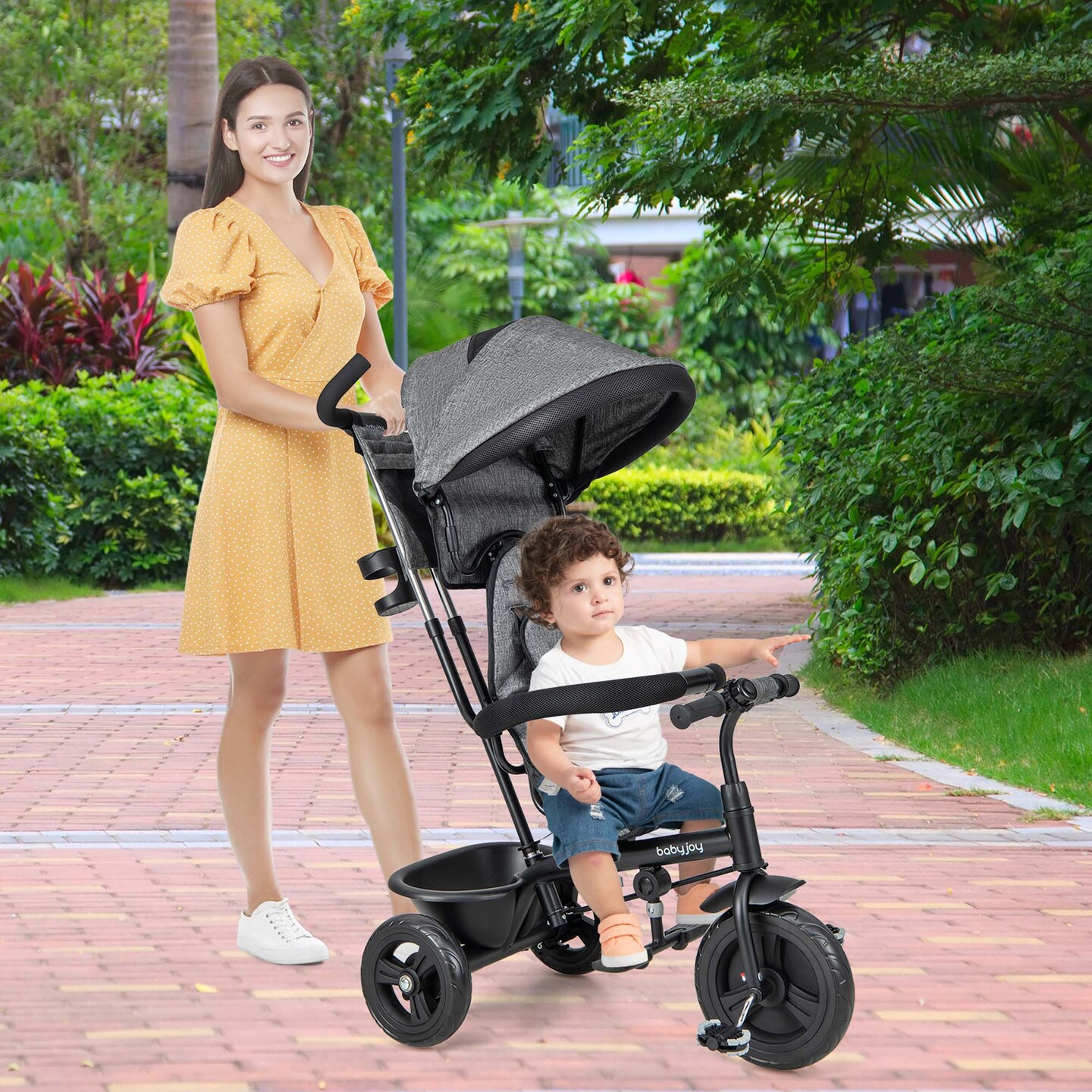 Babyjoy 4-in-1 Multifunctional Tricycle Kids Trike with Removable Canopy &#x26; Push Handle Black/Gray/Pink