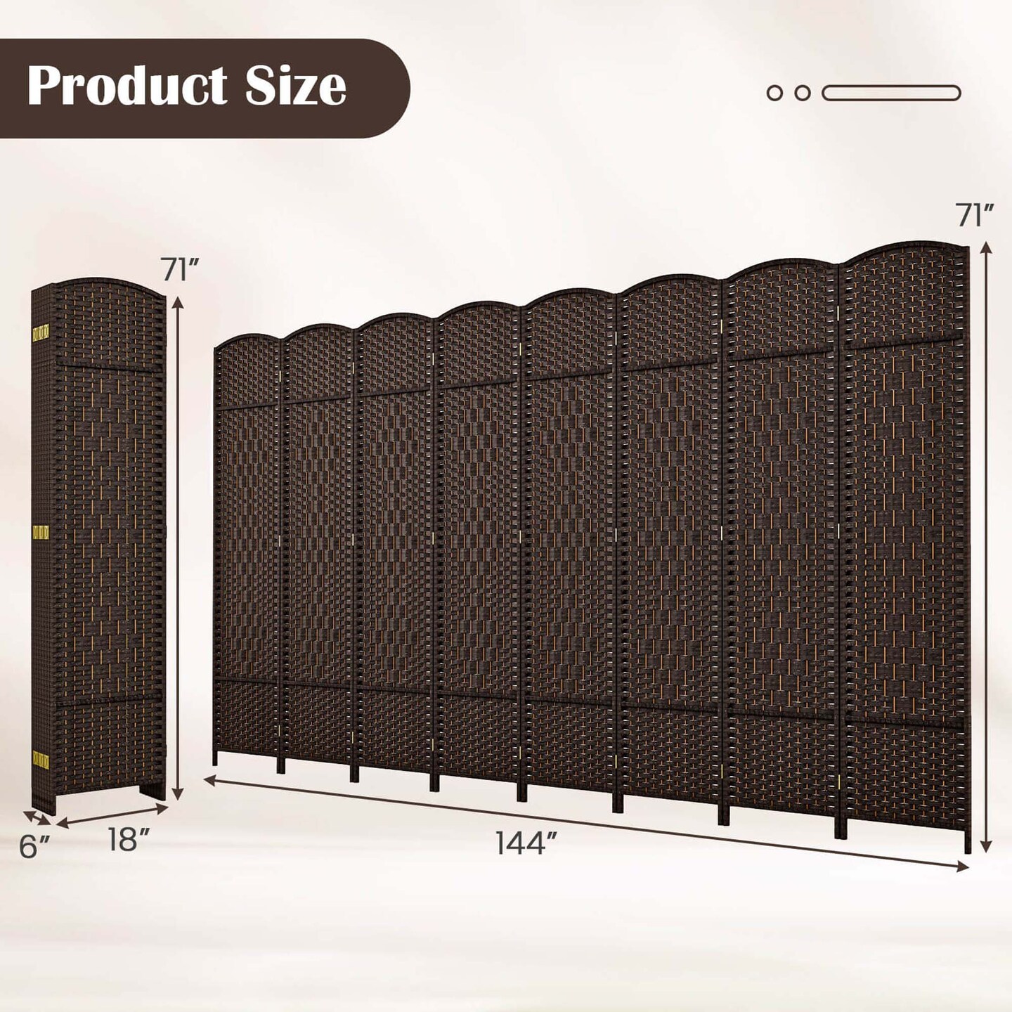 Costway 8-Panel Room Divider 6 FT Tall Folding Privacy Screen with Solid Wood Frame Brown/Black