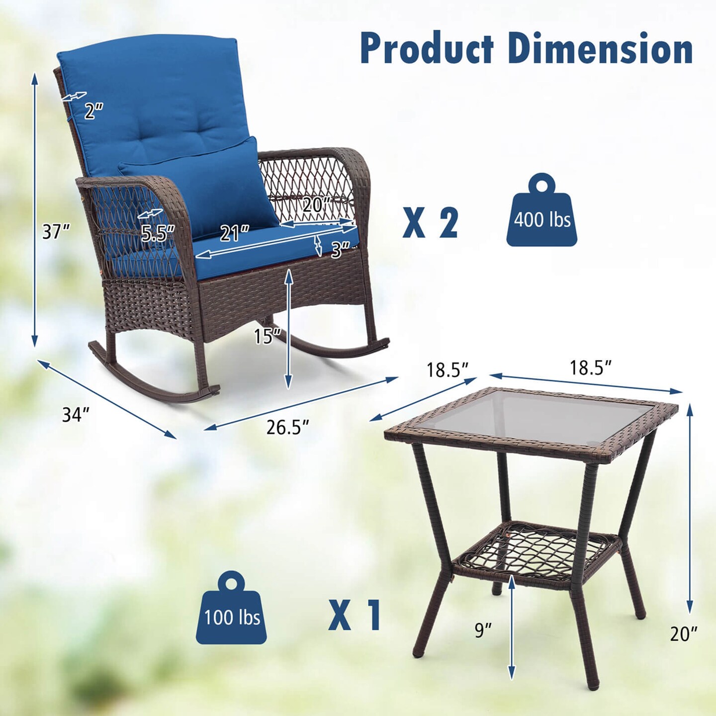 Costway 3 PCS Patio Rocker Set Outdoor Wicker Rocking Chairs with Double-Layer Coffee Table Gray/Navy/Beige/Red