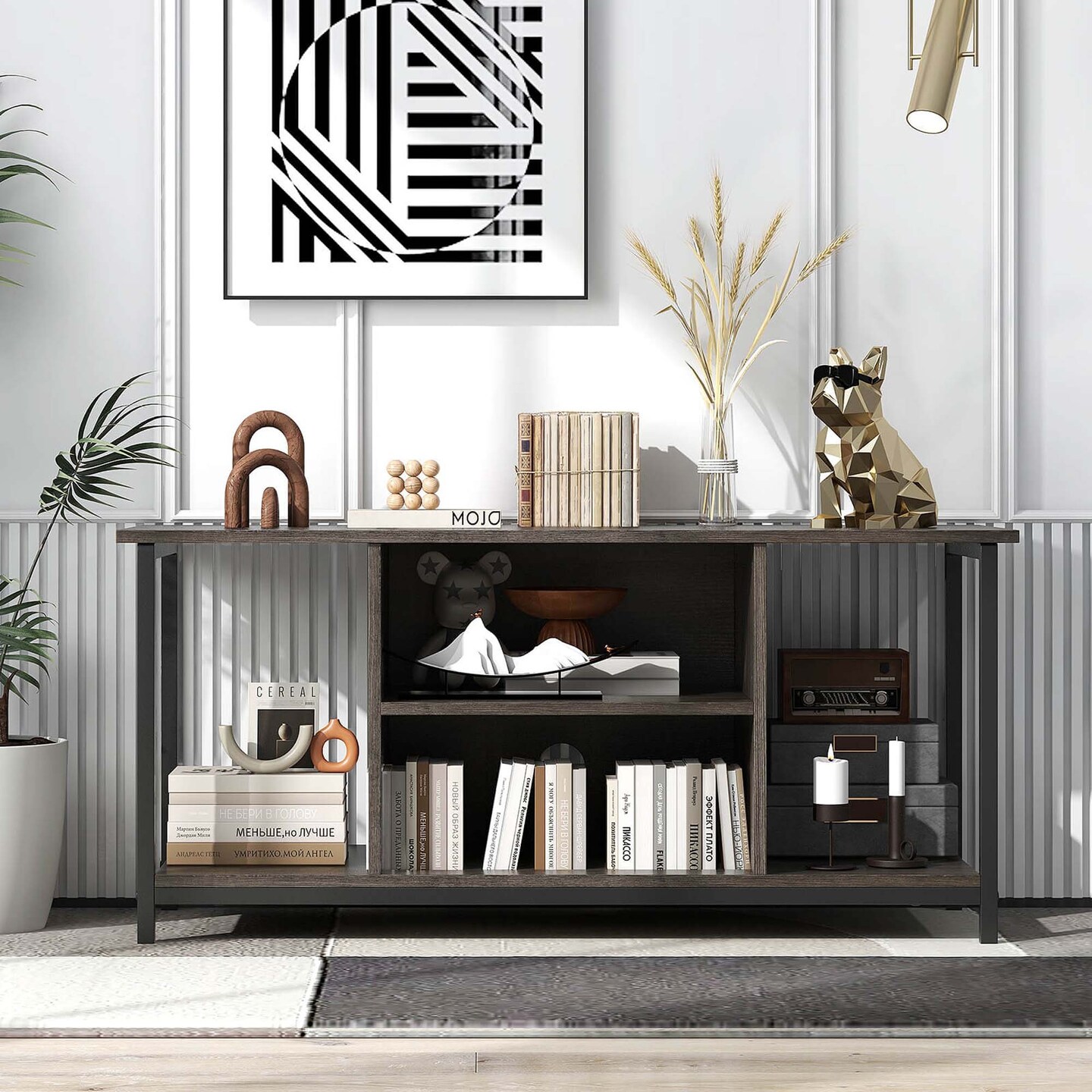 Costway TV Stand with Power Outlet USB & Type-C Port 3-tier TV Console Table Grey