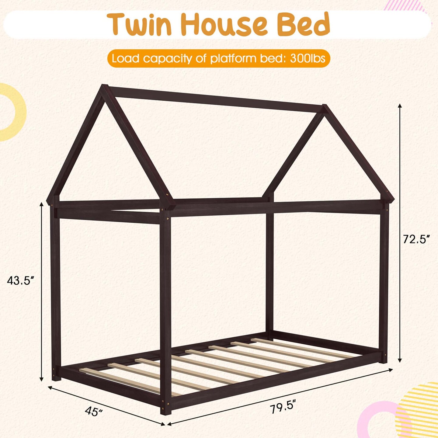 Costway Twin House Bed Wood Frame w/ Roof for Kids Toddler No Box Spring