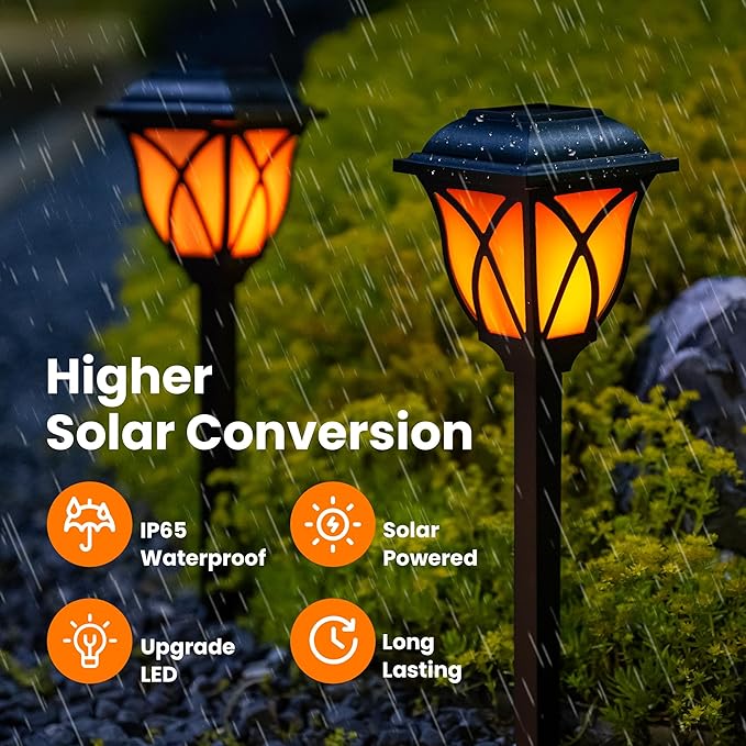 Solar Garden Lights Outdoor Waterproof, 6 Pack Fall Decor Flickering Flame LED Lights, Outdoor Decor for Porch, Garden, Pool, Camp, Path, Yard, Patio, Balcony, and Halloween