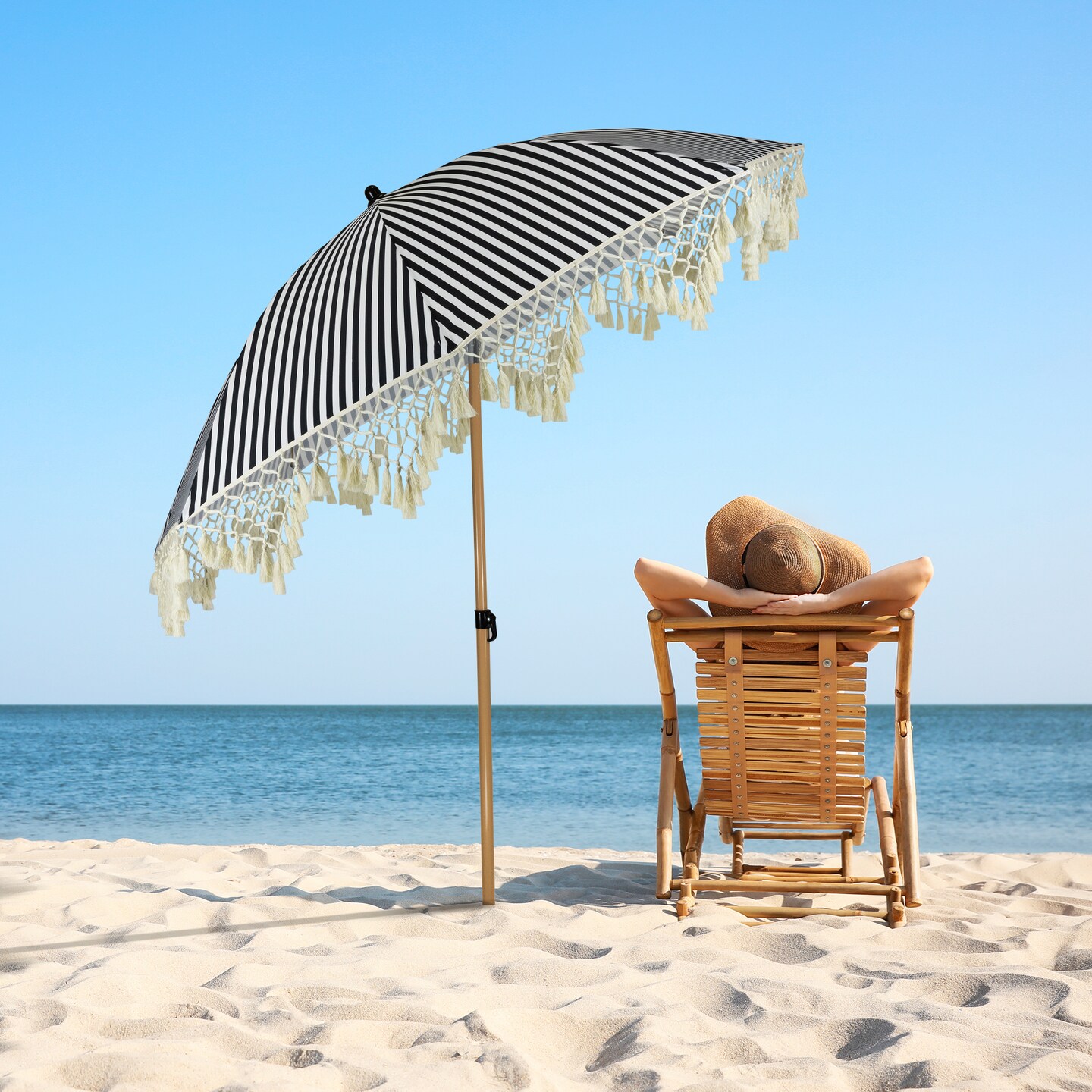 Northlight Striped Outdoor Beach Market Umbrella with Tilt- 6.5&#x27; - Black and White