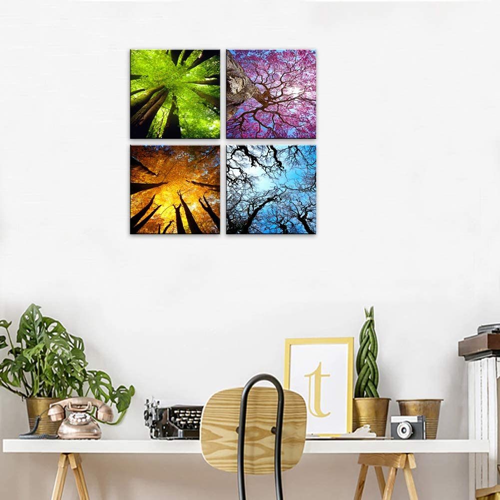 4 Panels Canvas Wall Art Spring Summer Autumn Winter Four Seasons Landscape Color Tree Painting Picture Prints Modern Giclee Artwork Stretched and Framed for Living Room Home Decoration