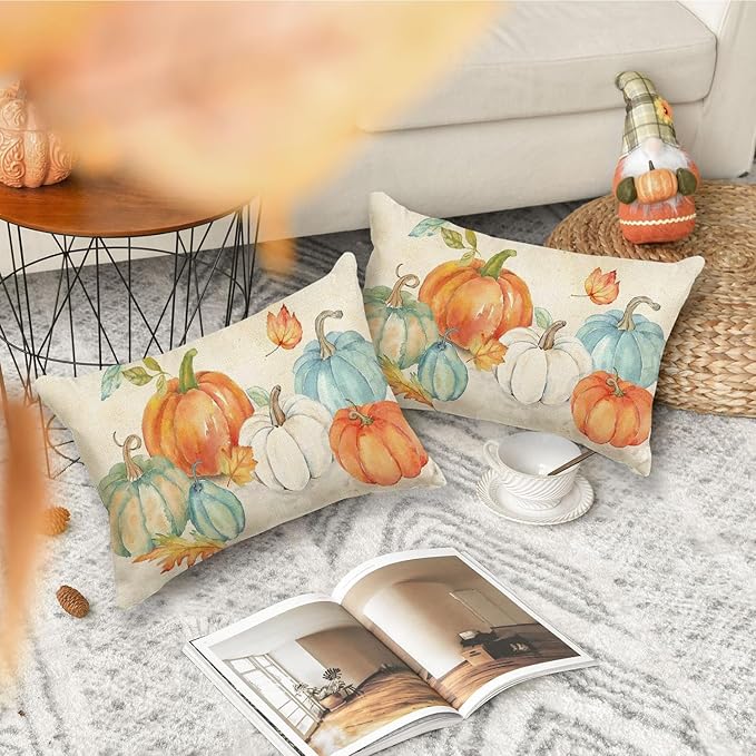 Fall Pumpkin Pillows Decorative Throw Pillows 12x20, Outdoor Thanksgiving Lumbar Pillow Covers, Fall Decorations for Home Autumn Pillow Cases Farmhouse Couch Decor Harvest.