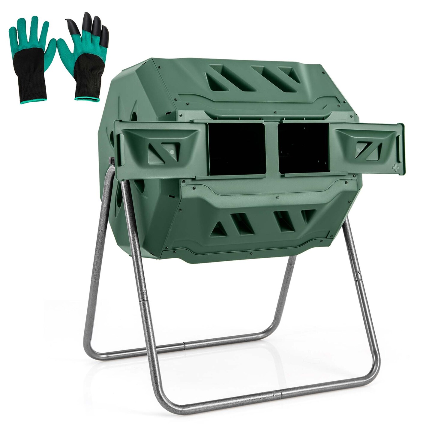 Costway 42-Gal Compost Bin Dual Chamber Composting Tumbler with 2 Sliding Doors Metal Frame Black/Green