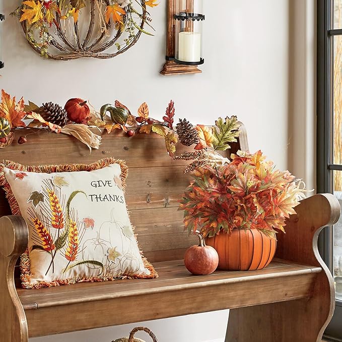 2 Artificial Silk Maple Leaf Shrubs Fake Fall Bushes Autumn Faux Plants with Stem for Indoor Outdoor Home Kitchen Wedding Thanksgiving Decor.