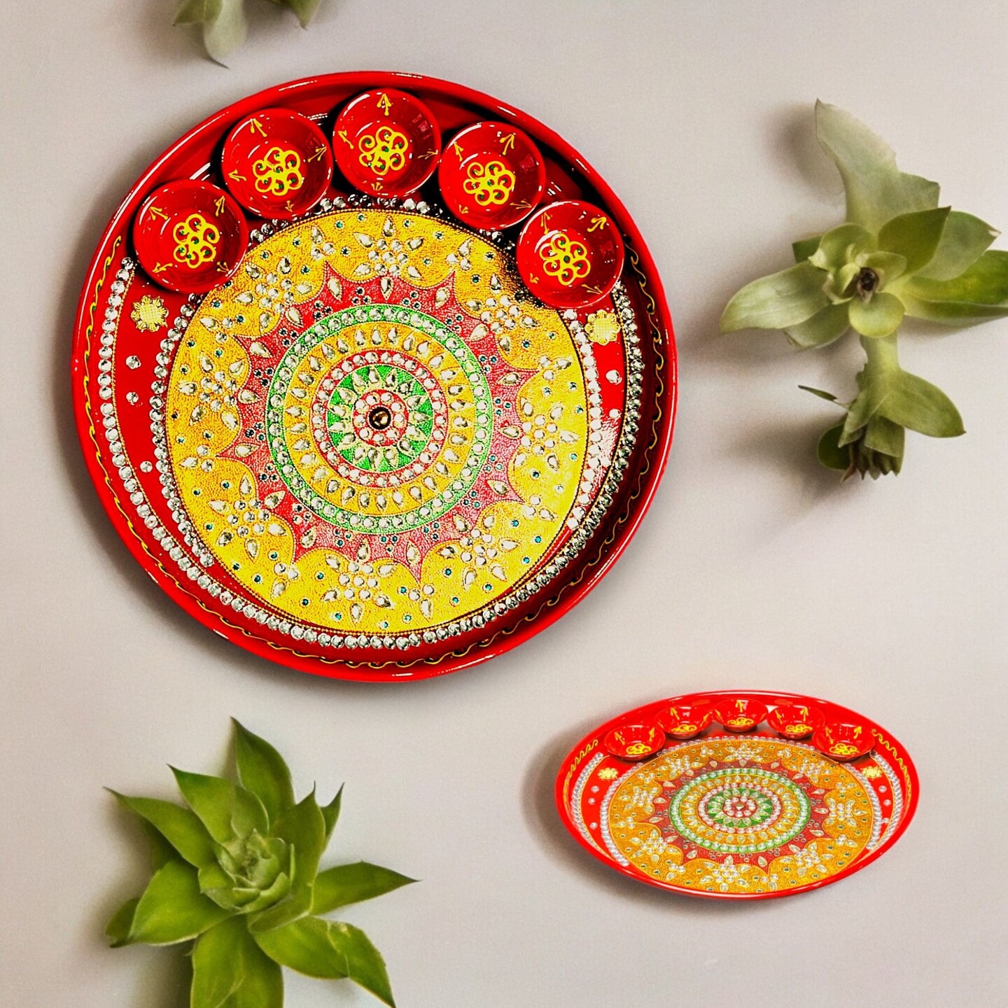 Pooja Thali with 5 Diya Bowls Rhinestone Red Painted Handmade Aarti Rituals Platter Festival Haldi Kumkum Thali Pooja Teej Diwali Wedding Engagement Plate Decorations - Housewarming Gift