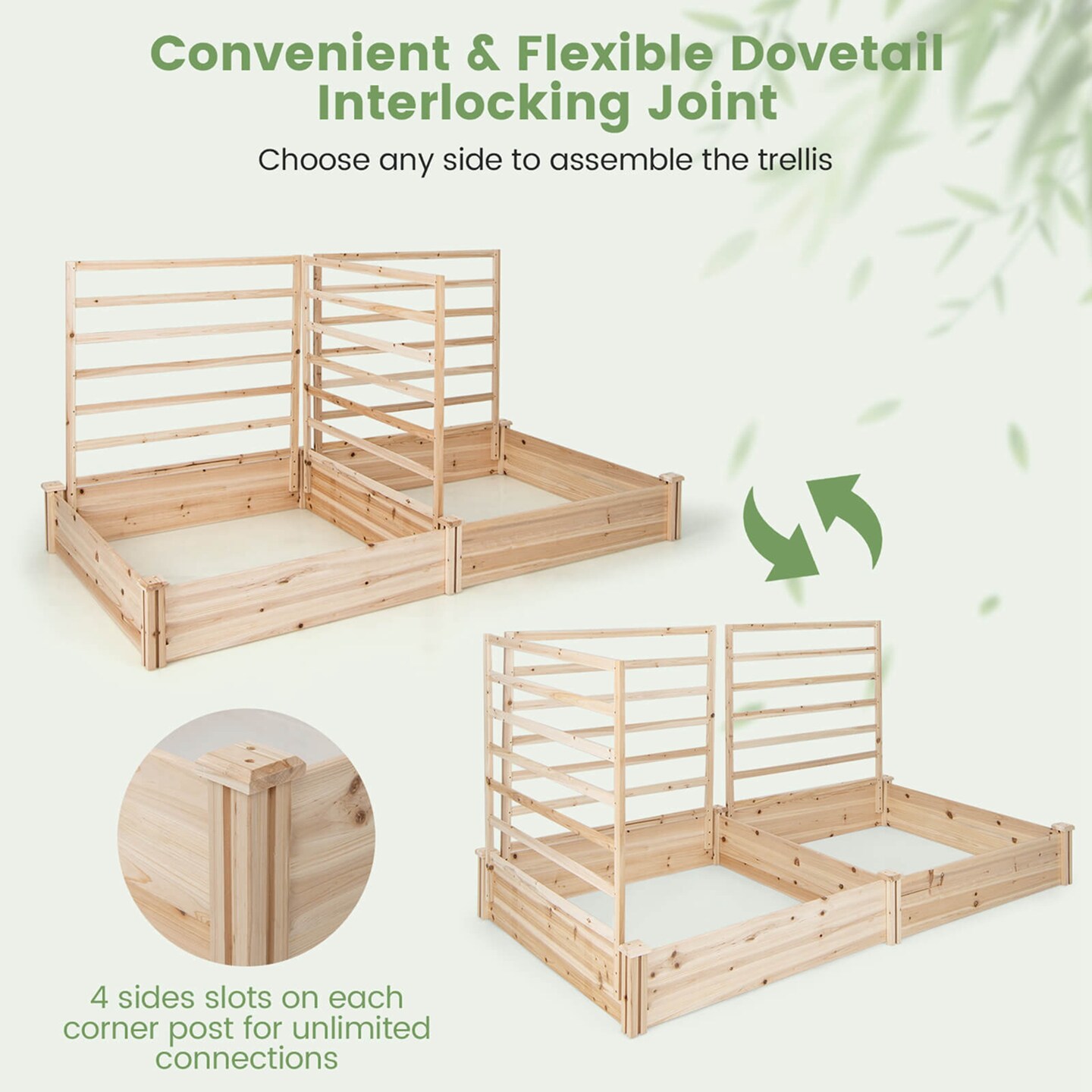 Costway Raised Garden Bed with 3 Trellises with Divided Compartments for Flowers Natural
