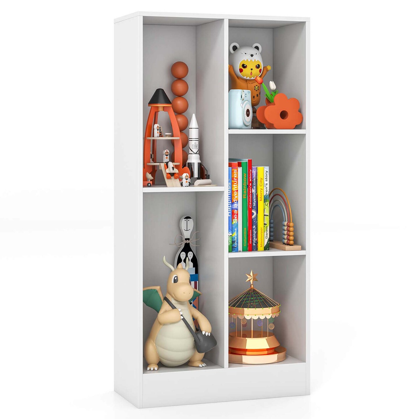 Costway 5-Cube Bookcase for Kids 41&#x22; Wooden Toy Storage Organizer for Kid&#x27;s Room White/Natural