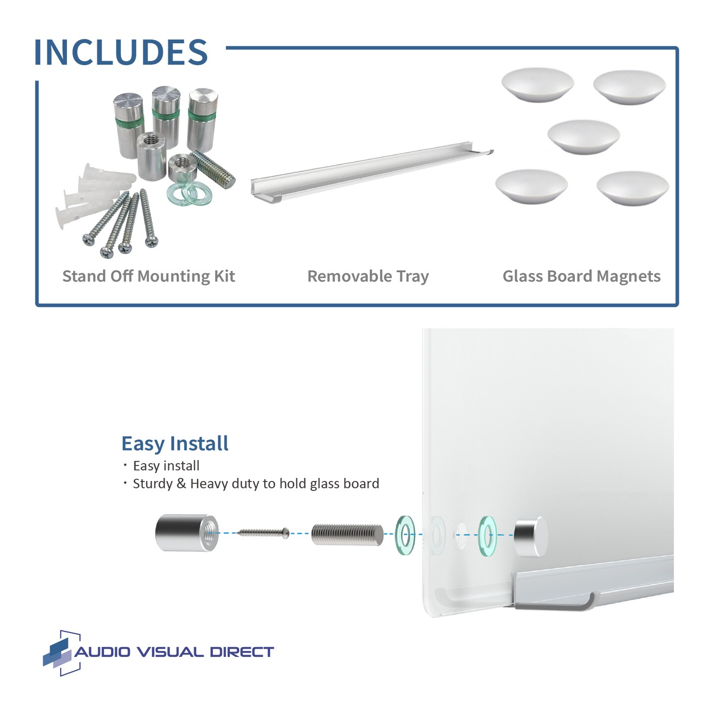 Audio-Visual Direct Magnetic White Glass Dry-Erase Board Set Includes Magnets, Hardware & Marker Tray