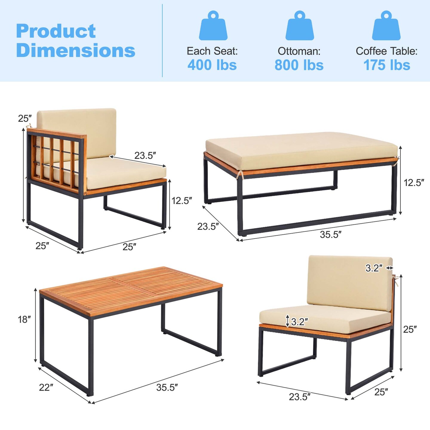Costway 5 PCS Patio Furniture Set Acacia Wood Sectional Set with Seat &#x26; Back Cushions