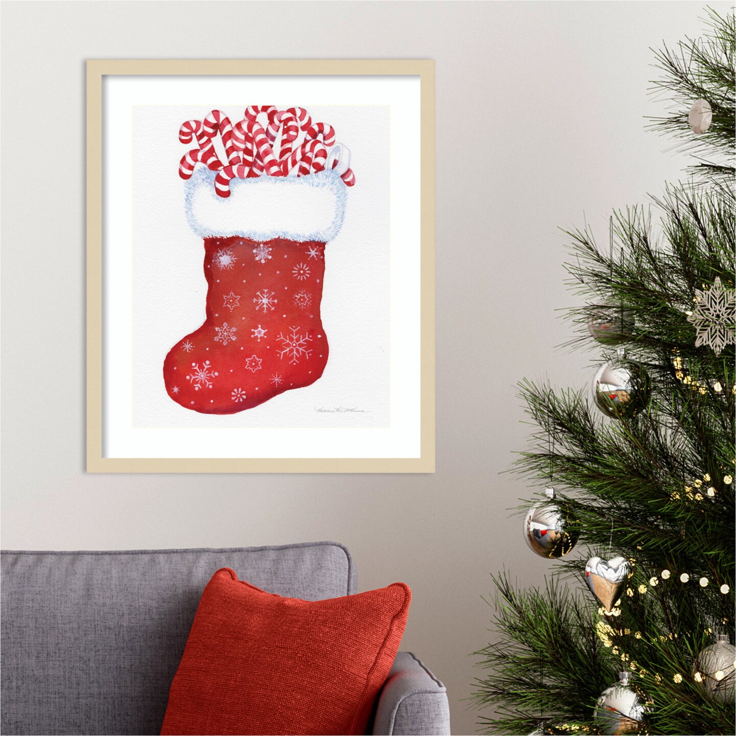 Candy Cane Stocking by Kathleen Parr Mckenna Wood Framed Wall Art Print