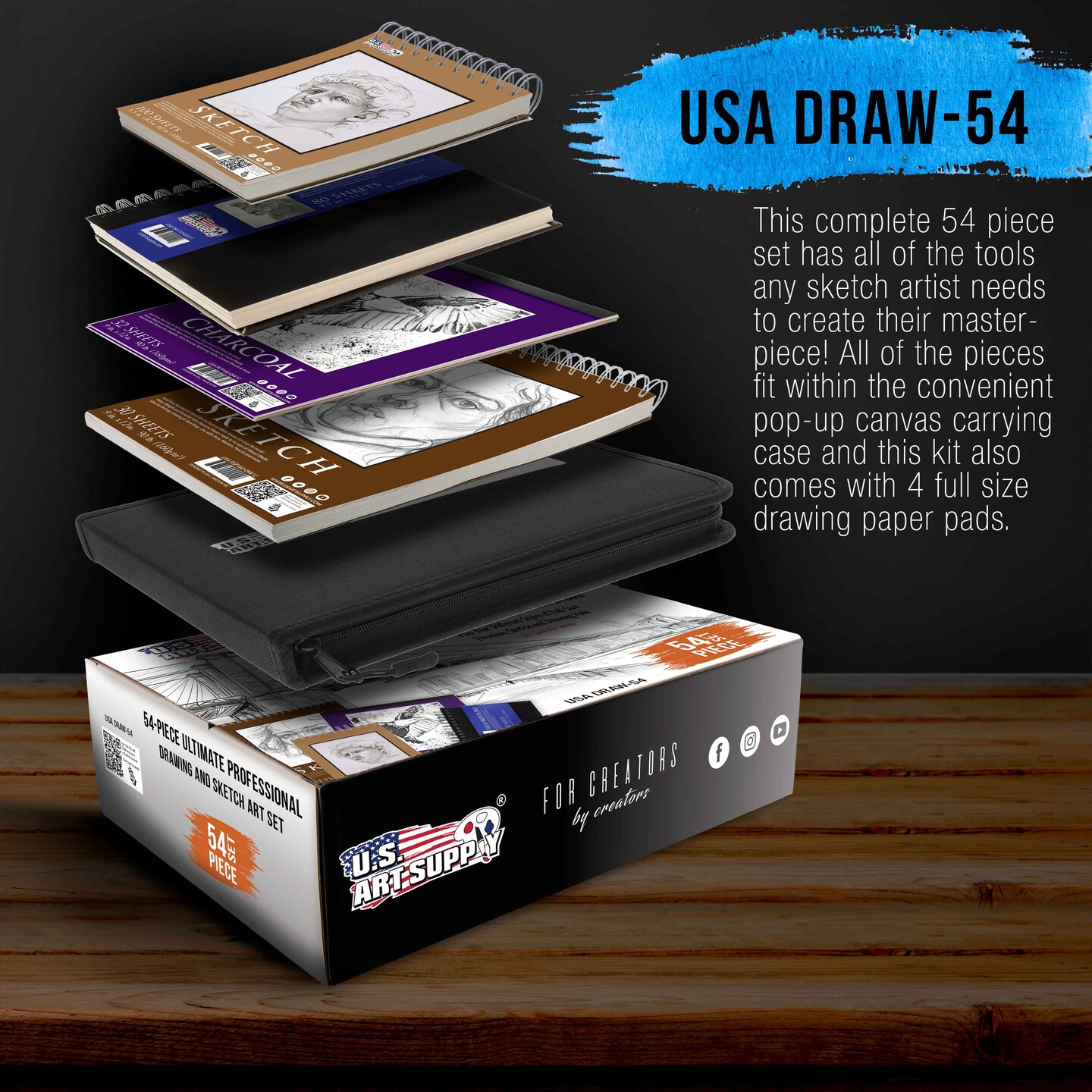 54-Piece Drawing &#x26; Sketching Art Set with 4 Sketch Pads - Ultimate Artist Kit, Graphite and Charcoal Pencils &#x26; Sticks, Pastels, Case