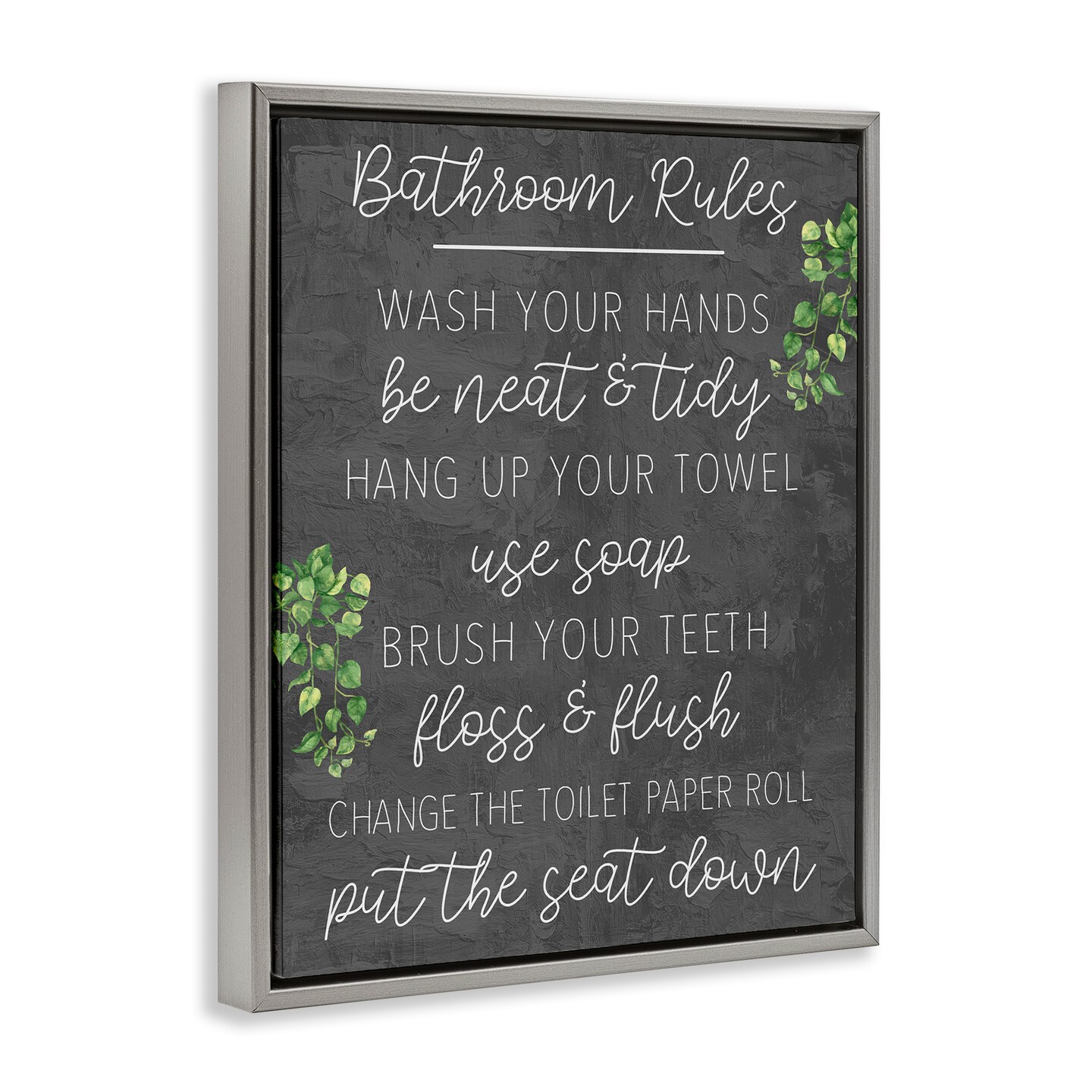 Stupell Industries Bathroom Rules with Greenery Framed Floater Canvas Wall Art Design by Kim Allen