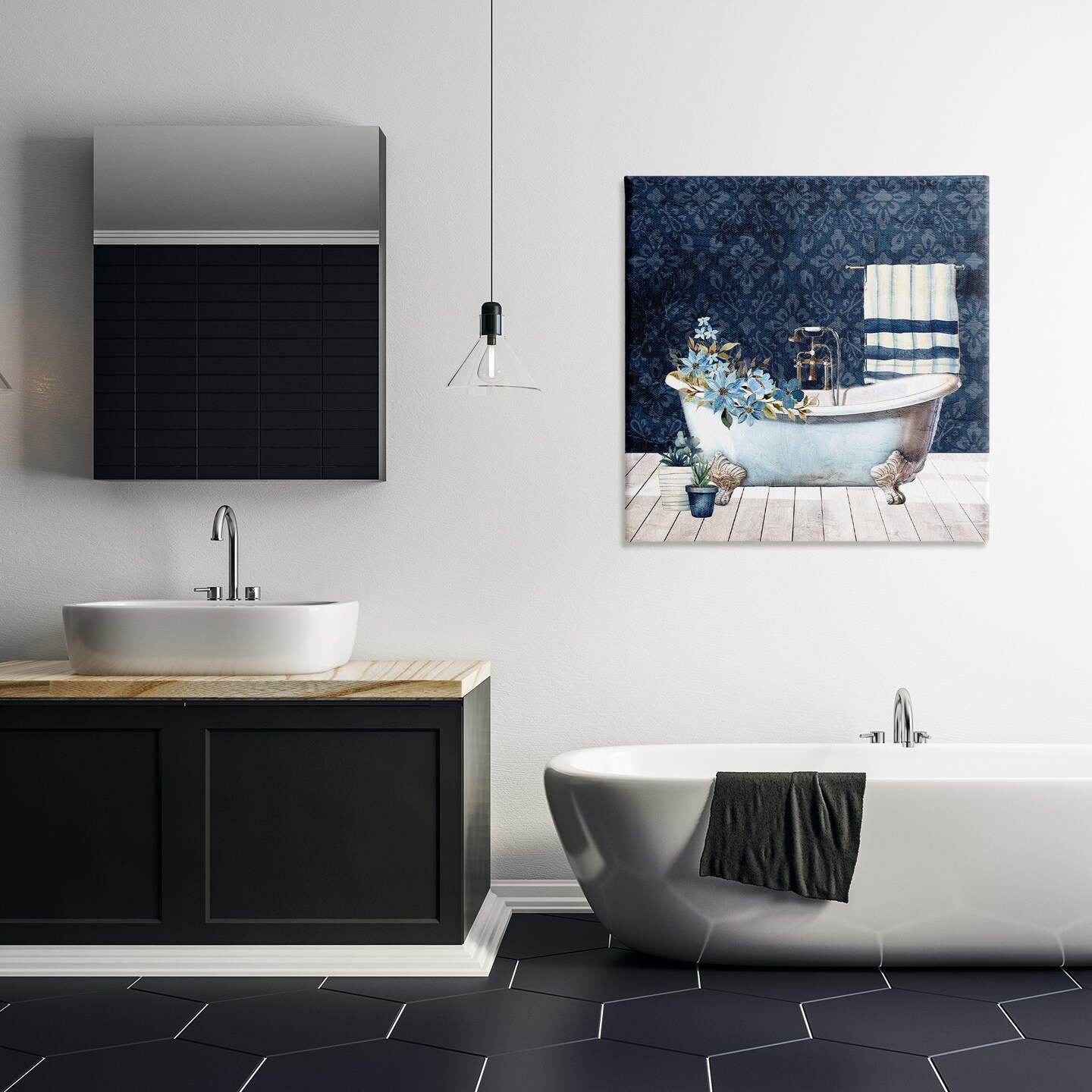 Stupell Industries Blue Damask Bathroom Canvas Wall Art Design by Kim Allen