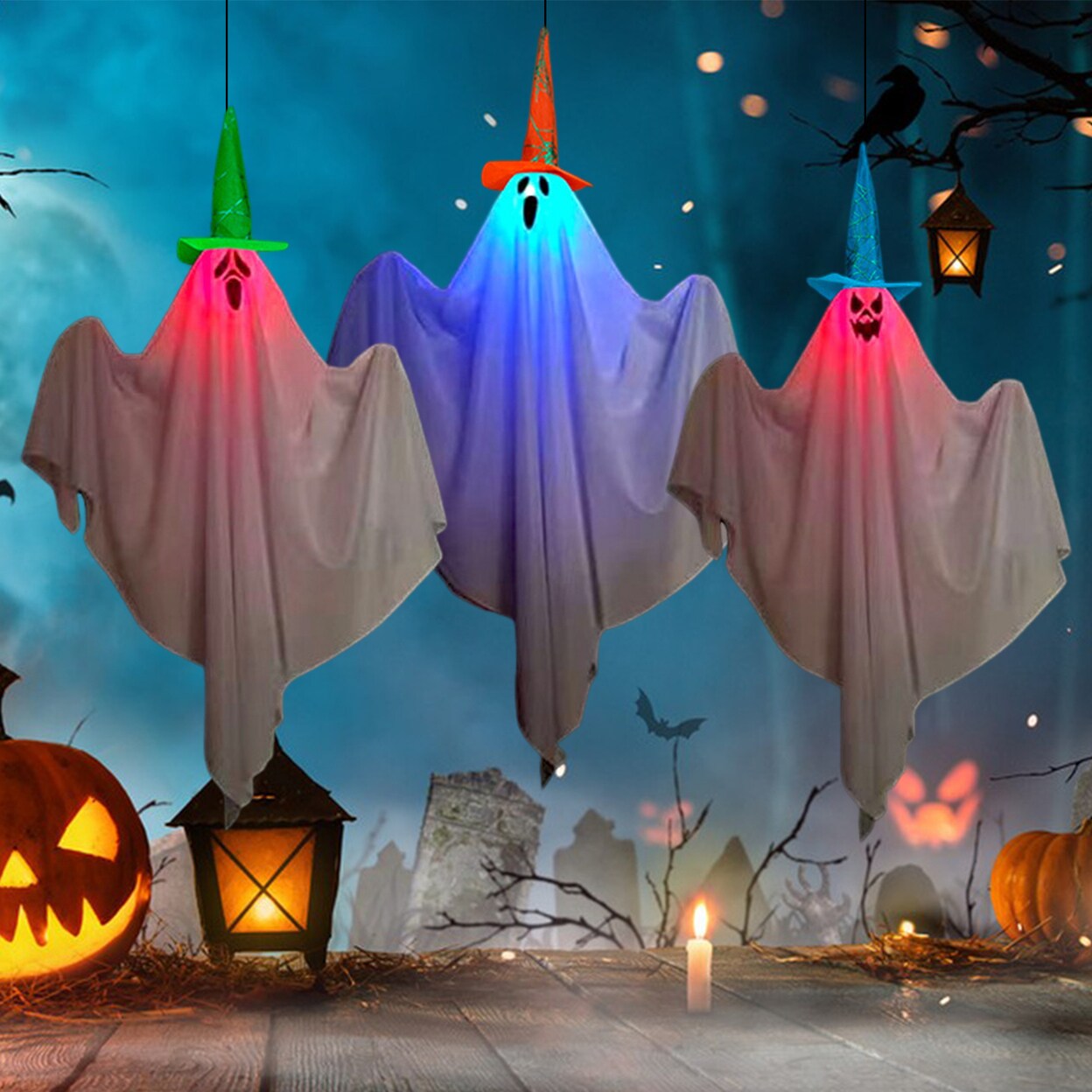 Halloween Ghost Pendant Led Spooky Tree Hanging Spooky Screepy White Ghost Tree Yard Porch Glow In The Dark Flying Ghost