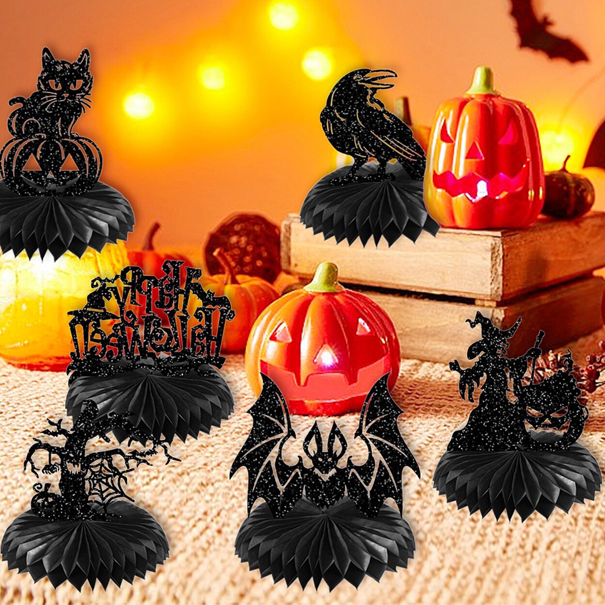 18Pcs Halloween Honeycomb Decorations Unique Black Witch Bat Cat Table