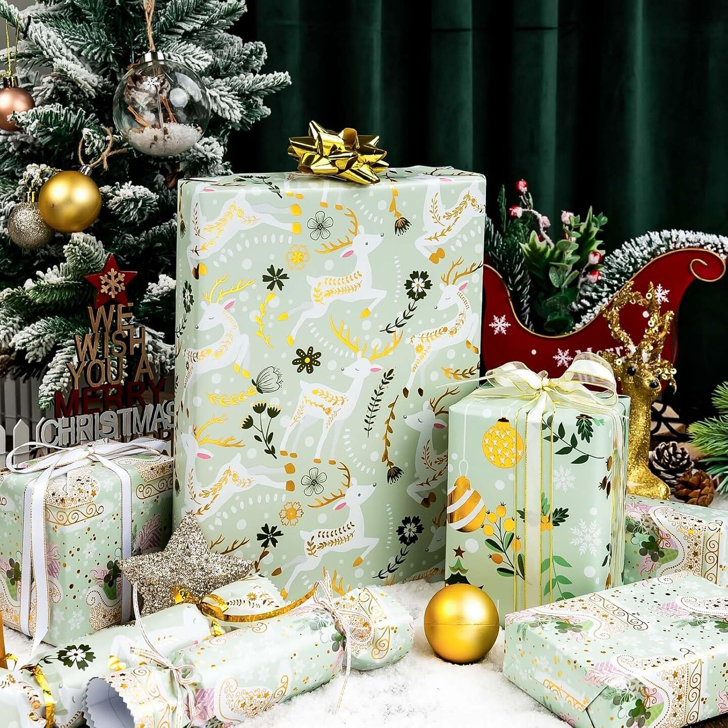 Christmas Wrapping Paper Roll - 3 Mini Rolls - 17 Inch x 120 Inch Per Roll - Cute Reindeer/Gold Christmas Balls/White Snowflake/Sleigh Design Gift Wrap