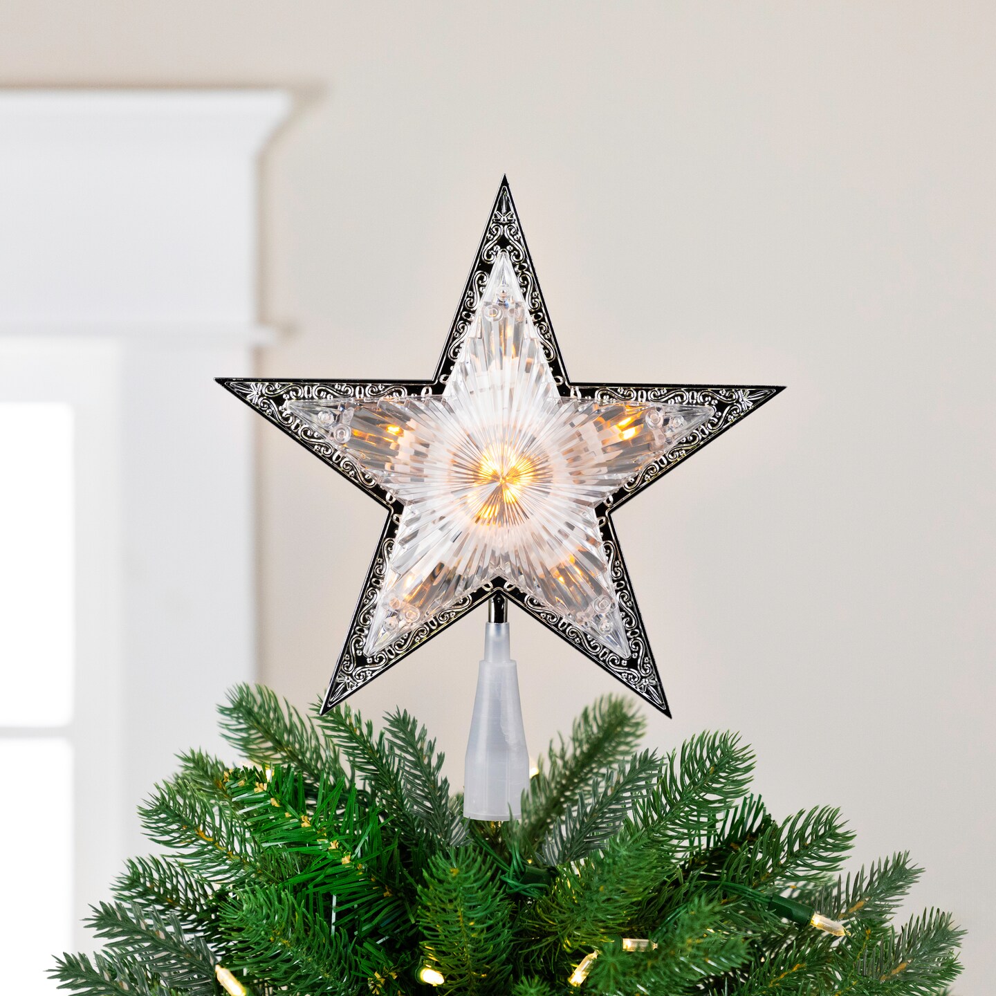 Northlight 9" Pre-Lit Silver and Clear Crystal 5 Point Star Christmas Tree Topper - Clear Lights