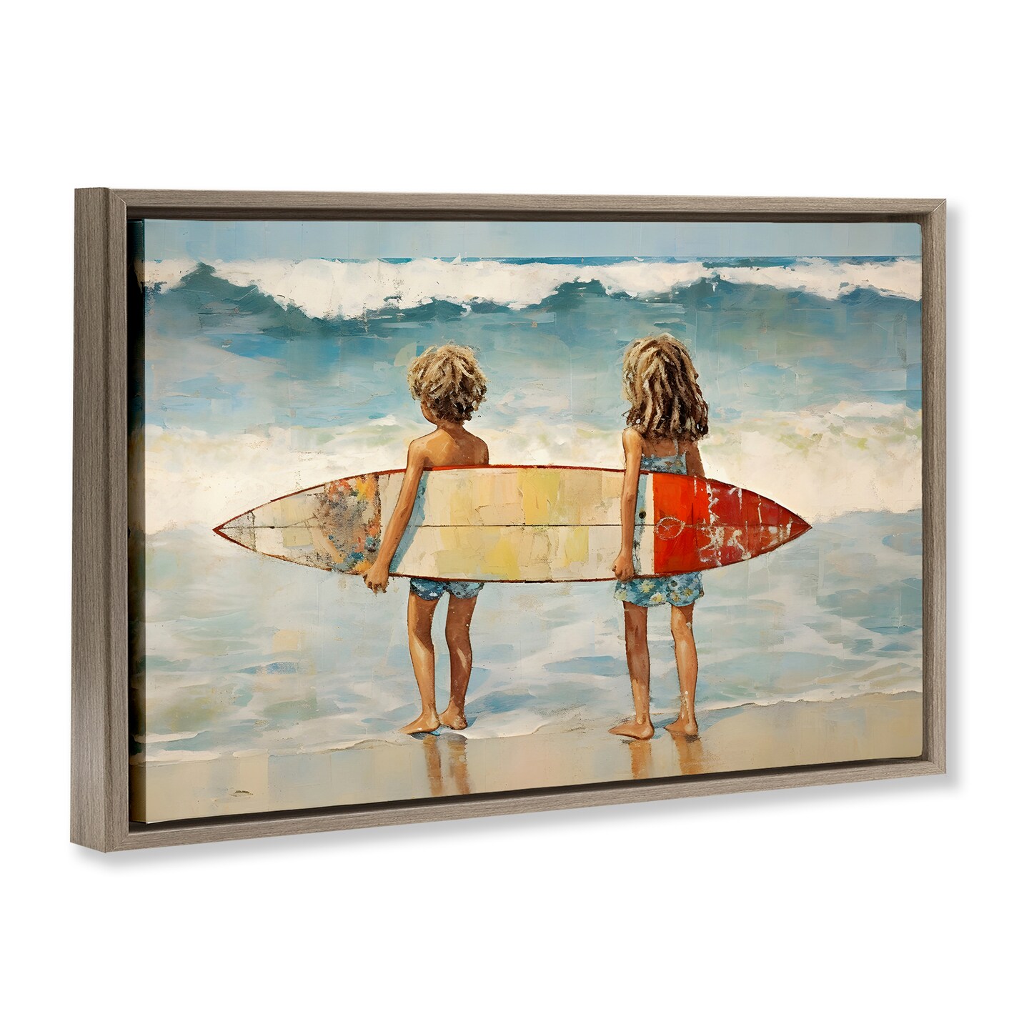 Stupell Industries Kids with Surf Waves Framed Floater Canvas Wall Art Design by Petal Prints Design