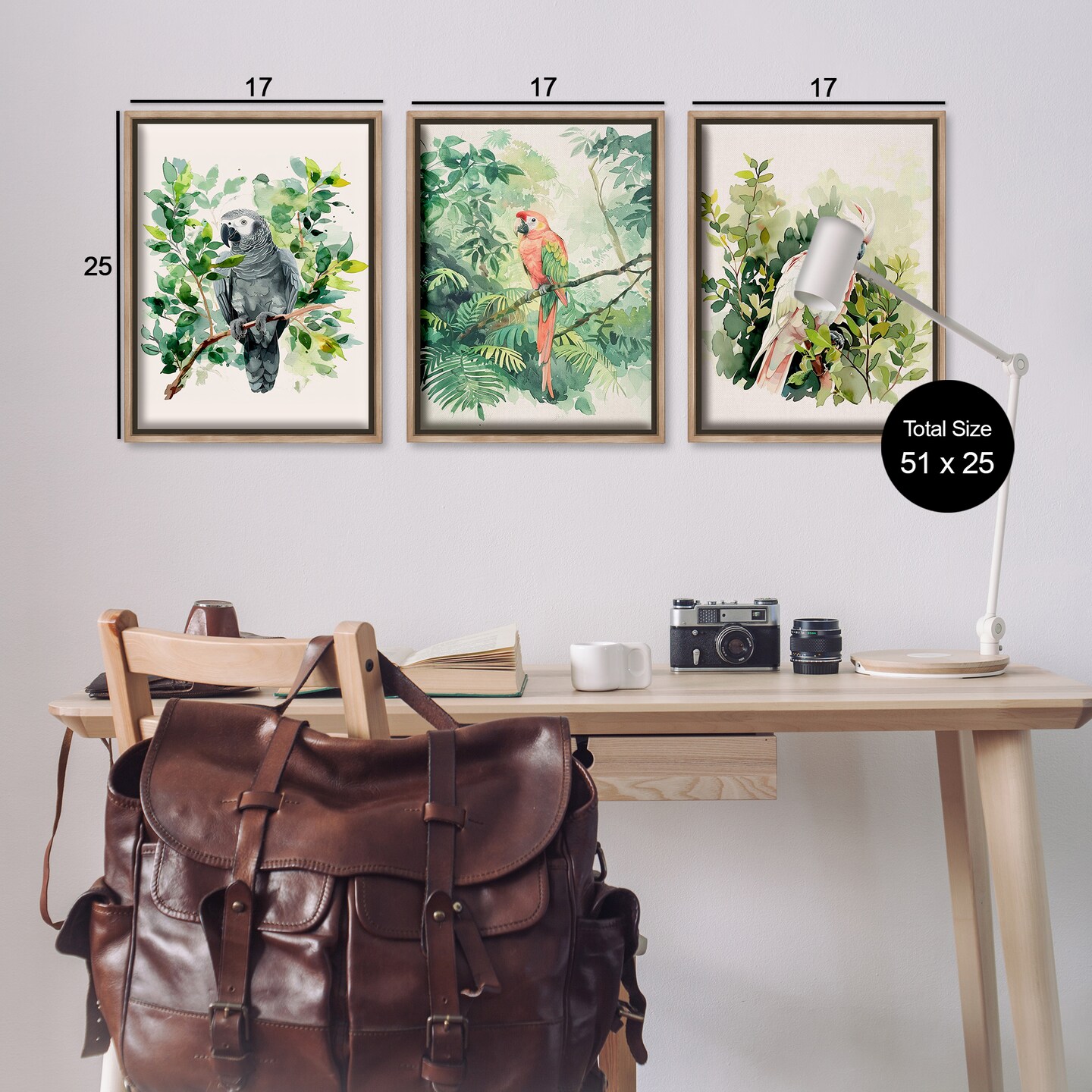 Stupell Industries Tropical Parrots in Jungle 3 pc Framed Floater Canvas Wall Art Set Design by LSR Design Studio