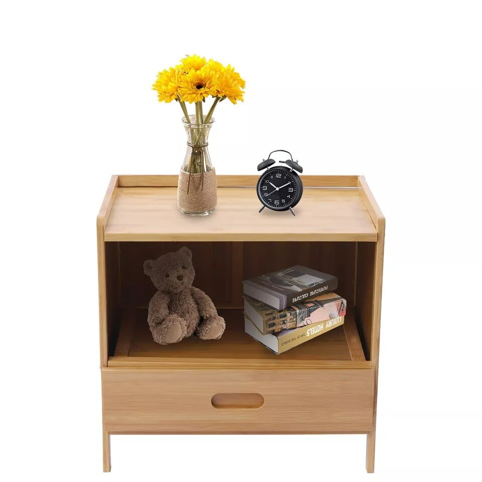 Bamboo Nightstand End Table With Drawer Storage Cabinet For Indoor Bedroom Home